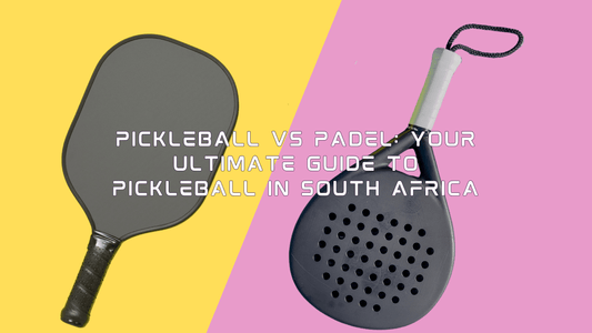 A Pickleball Paddle and A Padel Racket on a dusty pink and yellow bacground with the words "Pickleball vs Padel: Your Ultimate Guide to Pickleball in South Africa" on it