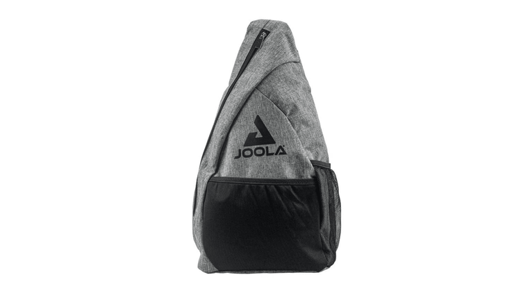 A grey sling backpack with a diagonal black zipper, a black front pocket, and "JOOLA" written in black text with a triangle logo.