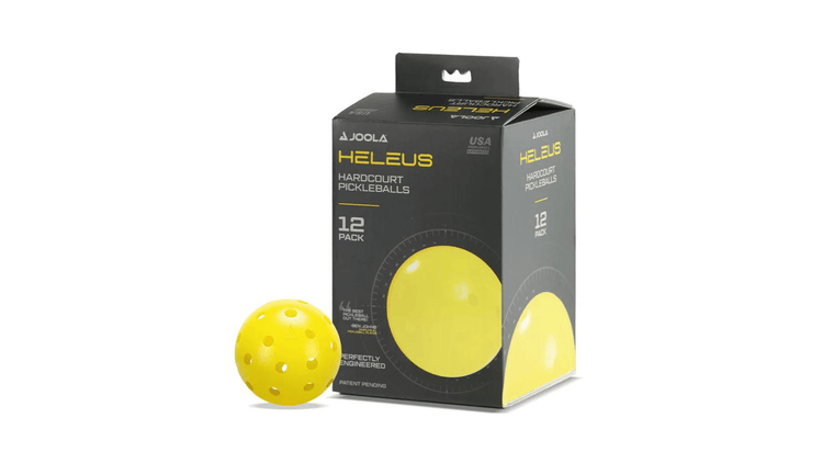 JOOLA Heleus Hardcourt Pickleballs 12-pack featuring bright yellow balls designed for consistent performance on hardcourt surfaces. Comes in a black and yellow JOOLA-branded box, engineered for durability and precision play.