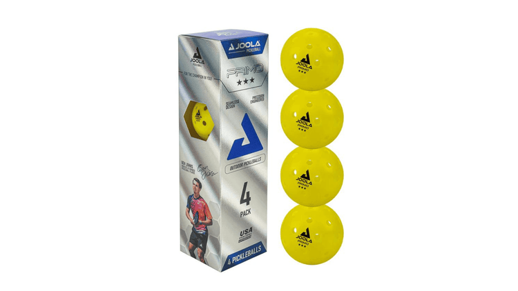 JOOLA Primo pickleballs, designed for durability and consistent performance, ideal for recreational and competitive play. Featuring high-quality construction for excellent flight stability and reliable bounce.