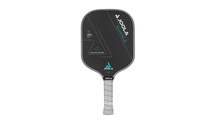 JOOLA Collin Johns Scorpeus pickleball paddle featuring a sleek black design with the JOOLA logo and Scorpeus branding in white and blue.
