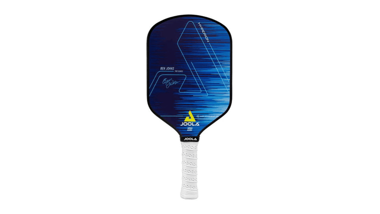 JOOLA Ben Johns Hyperion pickleball paddle with blue design, Ben Johns' signature, JOOLA logo at the bottom, and white perforated handle. Hyperion branding near the top highlights its pro-series performance
