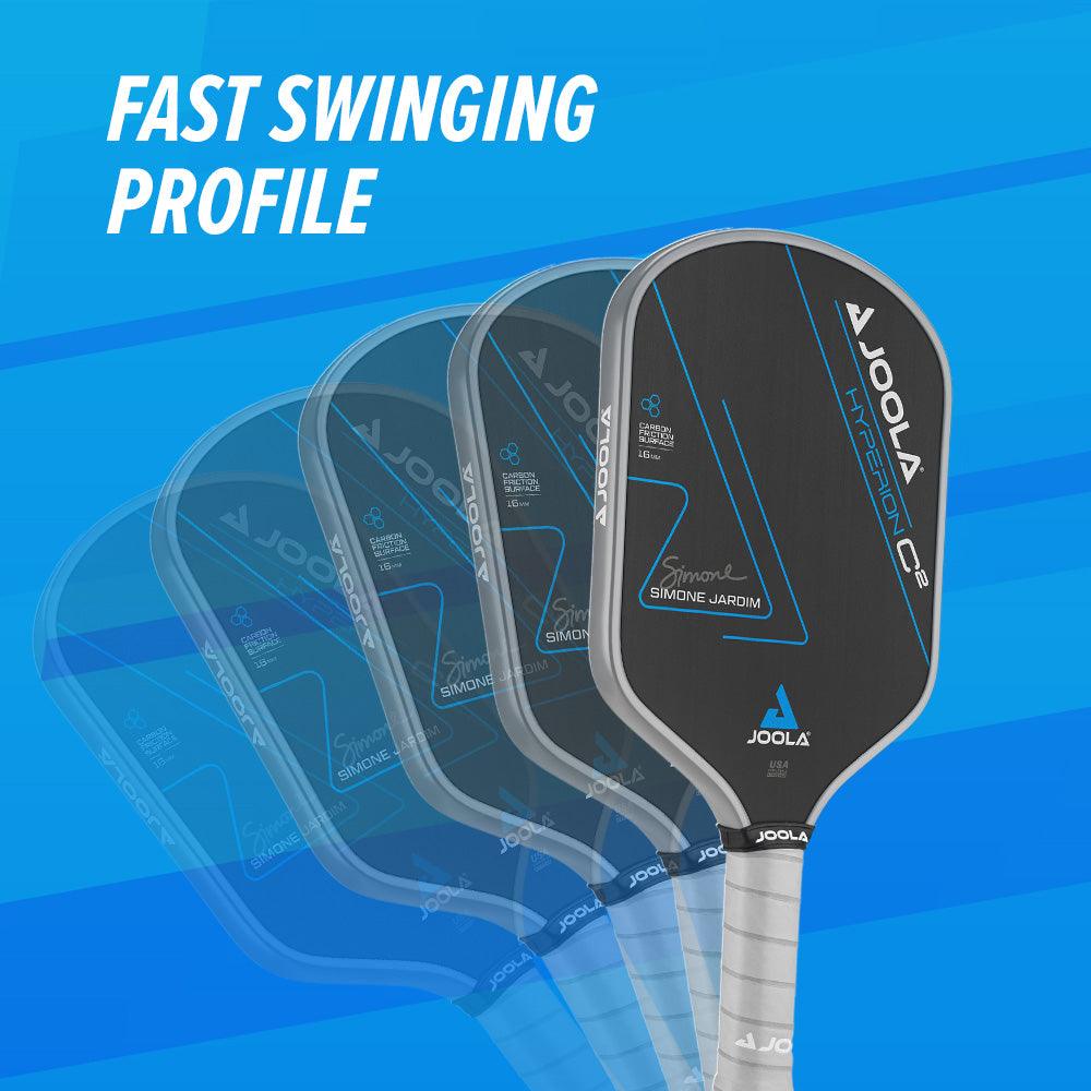 Image of a Pickleball Zone SJ Hyperion C2 16mm pickleball paddle with an overlay effect showing multiple paddles in motion, highlighting its fast swinging profile. The background is blue with dynamic lines and the text "FAST SWINGING PROFILE" written in the top left corner, enhanced by Charged Carbon Technology.