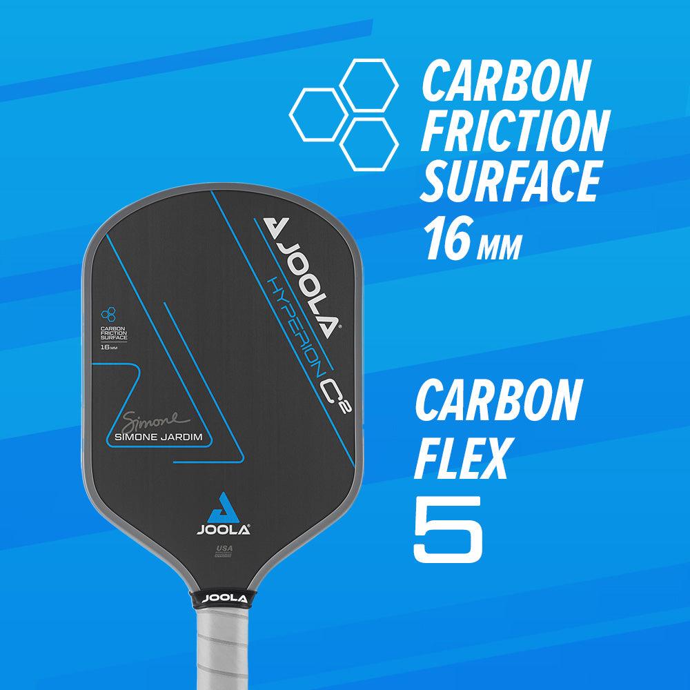 A Pickleball Zone SJ Hyperion C2 16mm Pickle Ball Paddle with Charged Carbon Technology is displayed on a blue background. The paddle features a 16mm thickness and a flex rating of 5. Text highlights the "Simone Jardim" signature, along with "Carbon Friction Surface" and "Carbon Flex 5.