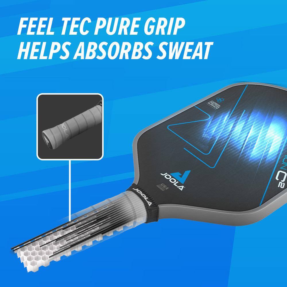 A blue and black SJ Hyperion C2 16mm pickleball paddle from Pickleball Zone with a textured handle. The inset image shows a close-up of the grip, highlighting the "FEEL TEC PURE GRIP HELPS ABSORB SWEAT" text. The paddle, featuring Charged Carbon Technology and adorned with the Pickleball Zone logo and a blue geometric design, is part of the JOOLA Simone Jardim Hyperion series.