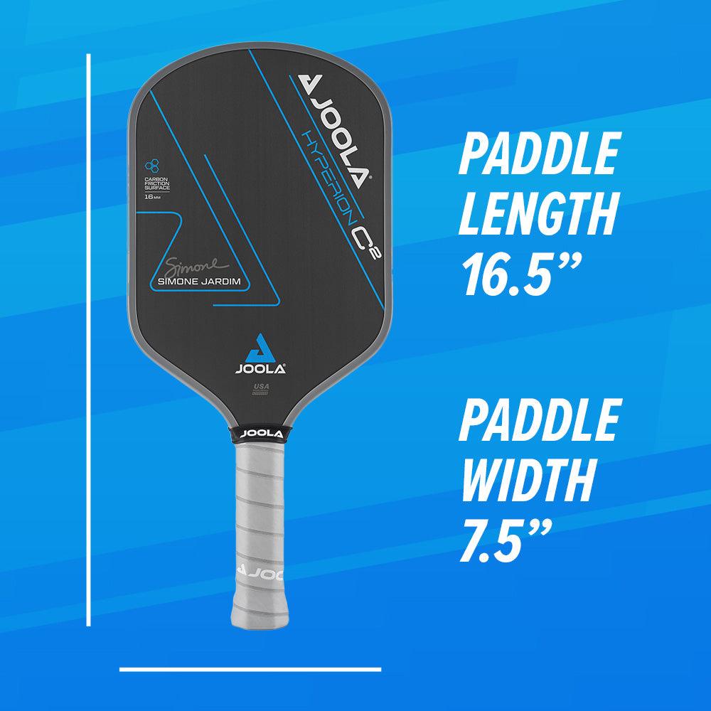 Image of a Pickleball Zone SJ Hyperion C2 16mm pickleball paddle featuring a sleek black and blue design. The paddle is labeled "SJ Hyperion C2 16" and showcases Simone Jardim's signature. Text on the right indicates the paddle's dimensions: 16.5 inches in length and 7.5 inches in width. The background is blue.