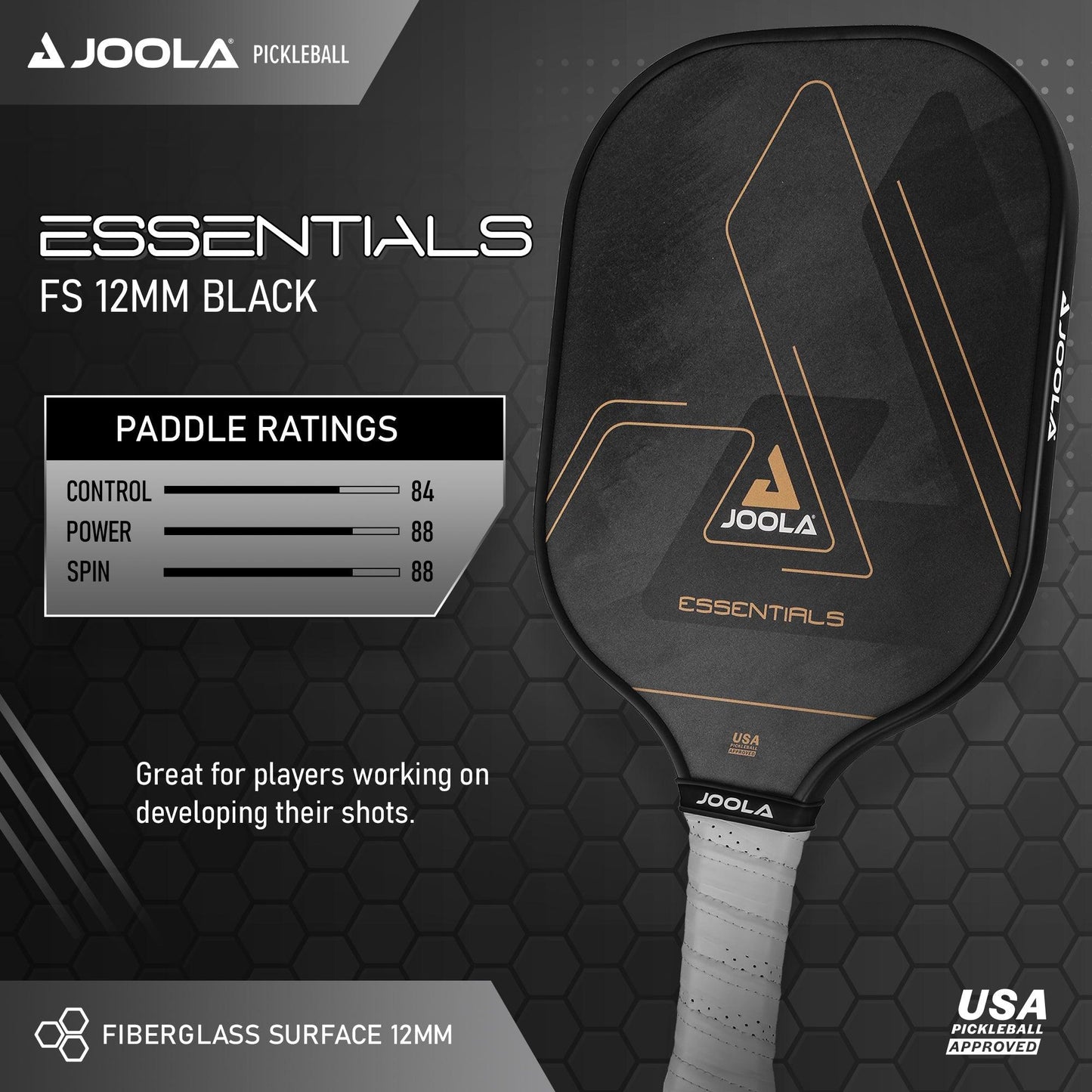 An advertisement for Pickleball Zone’s black "Essentials FS 12mm" Pickleball paddle features impressive ratings: Control 84, Power 88, Spin 88. This paddle is designed with a fiberglass surface and a honeycomb polymer core, and is USA Pickleball-approved. The text emphasizes its suitability for players who are developing their shots.