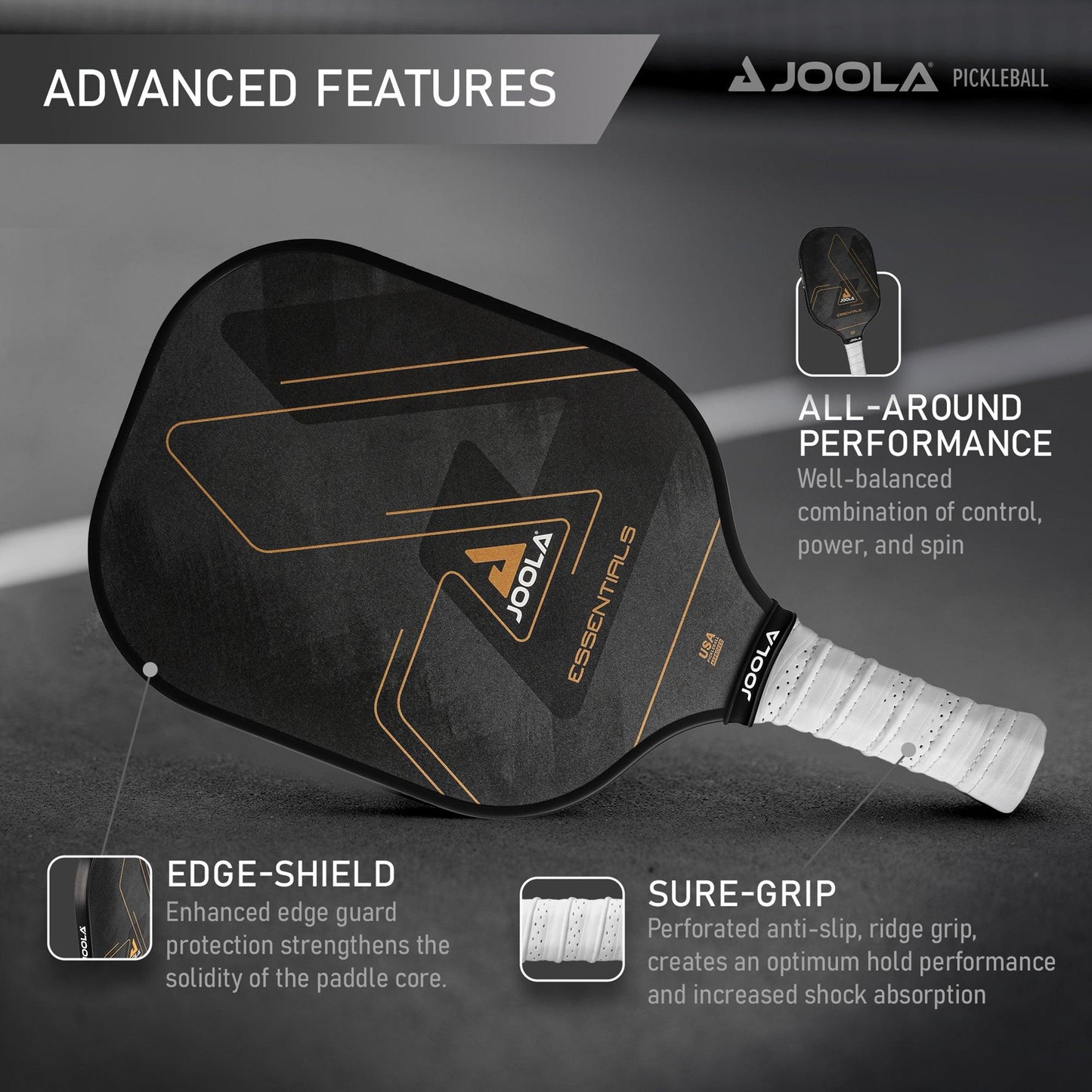 A Pickleball Zone Essentials FS 12mm Black Pickleball Paddle is displayed with labeled features. Text reads: “Advanced Features.” Highlights include "all-around performance" with a balance of control, power, and spin; "edge-shield" for core strength; a durable honeycomb polymer core; and "sure-grip" for anti-slip comfort.