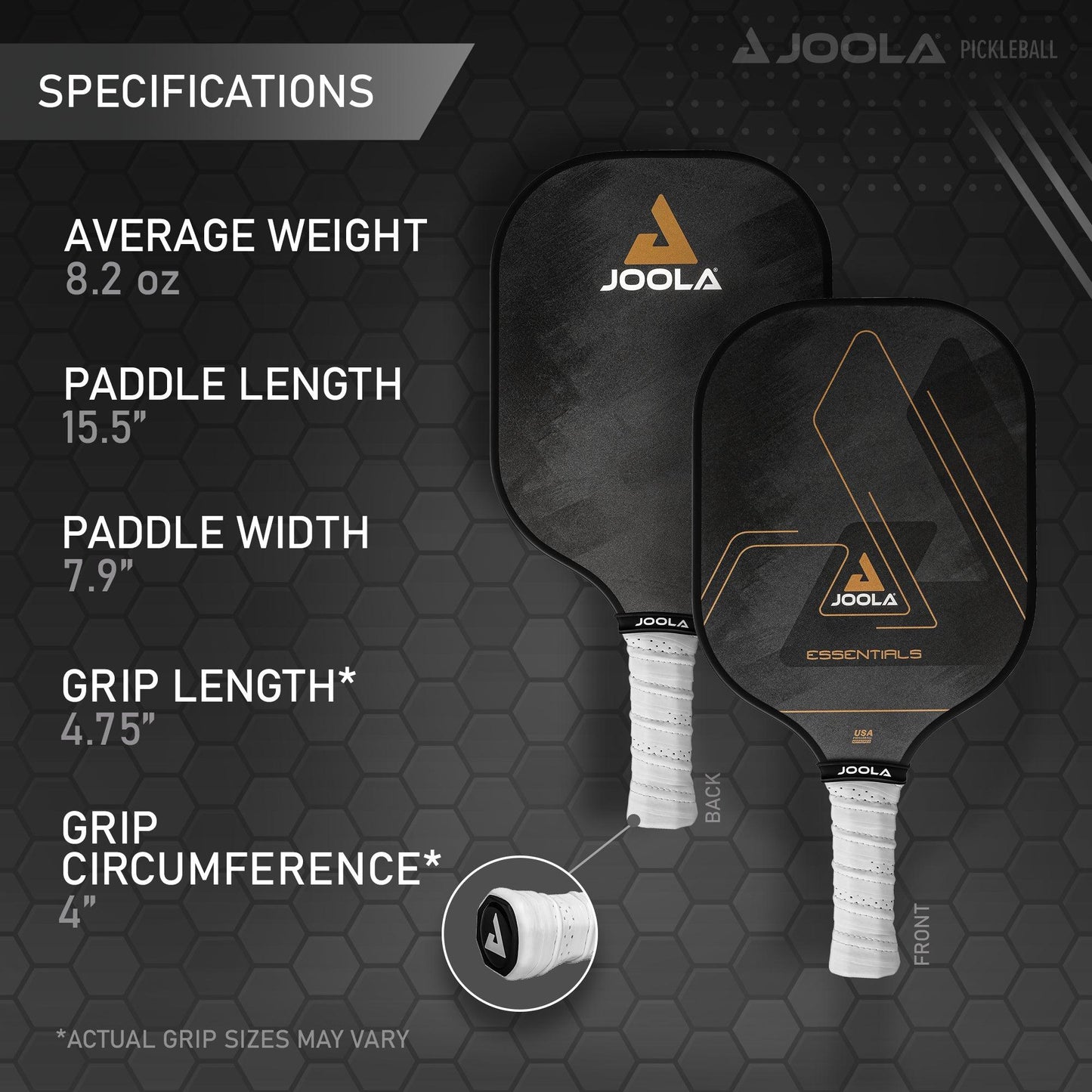 Two Pickleball Zone Essentials FS 12mm Black pickleball paddles (front and back views) are showcased. They feature an average weight of 8.2 oz, a paddle length of 15.5", a paddle width of 7.9", a grip length of 4.75", and a grip circumference of 4". Each paddle is designed with a fiberglass surface and a honeycomb polymer core, set against a gray hexagonal pattern background adorned with the company logo text.