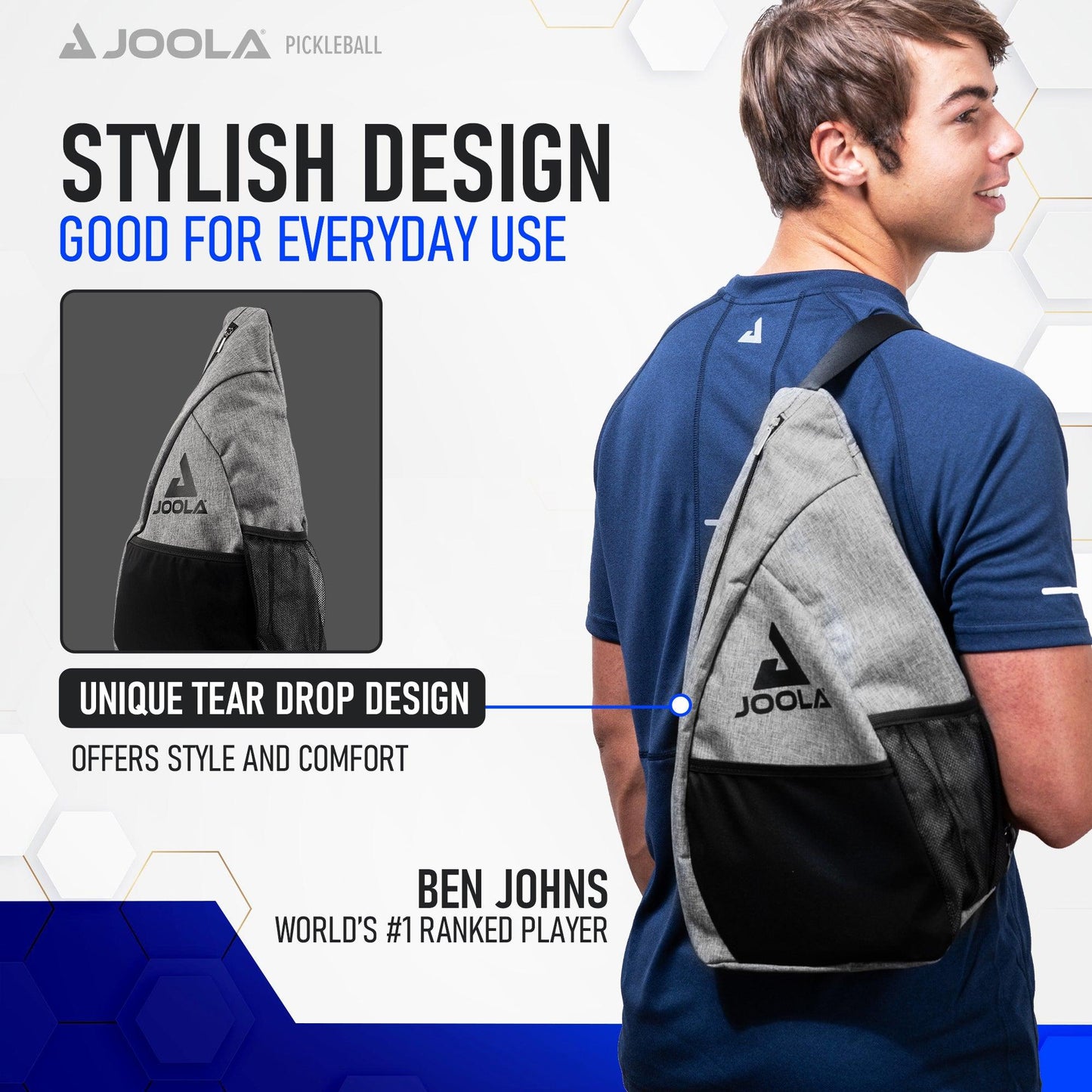A young man with short hair is seen from behind, wearing a grey and black Pickleball Zone JOOLA Essentials Pickleball Sling Bag slung over his shoulder. The text reads "Stylish Design, Good for Everyday Use," highlighting the bag's unique design. "Ben Johns, World's #1 Ranked Player" is also mentioned.