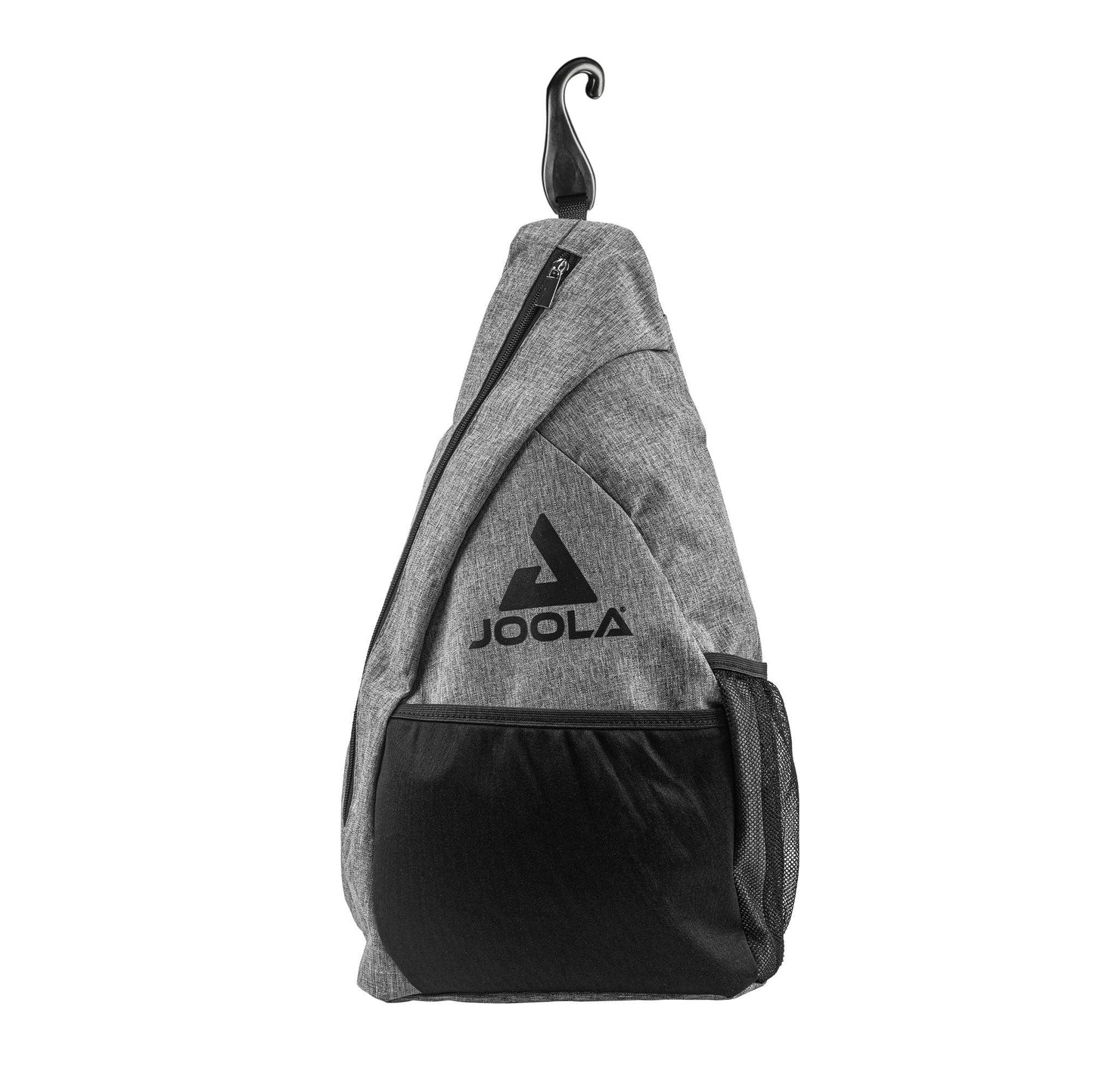 The Joola Essentials Pickleball Sling Bag by Pickleball Zone is a sleek, modern grey sling-style bag featuring a diagonal zipper, a black JOOLA essentials logo, and a black mesh side pocket. The top of the bag includes a curved hook for hanging, making it perfect for casual use or carrying your pickleball gear.