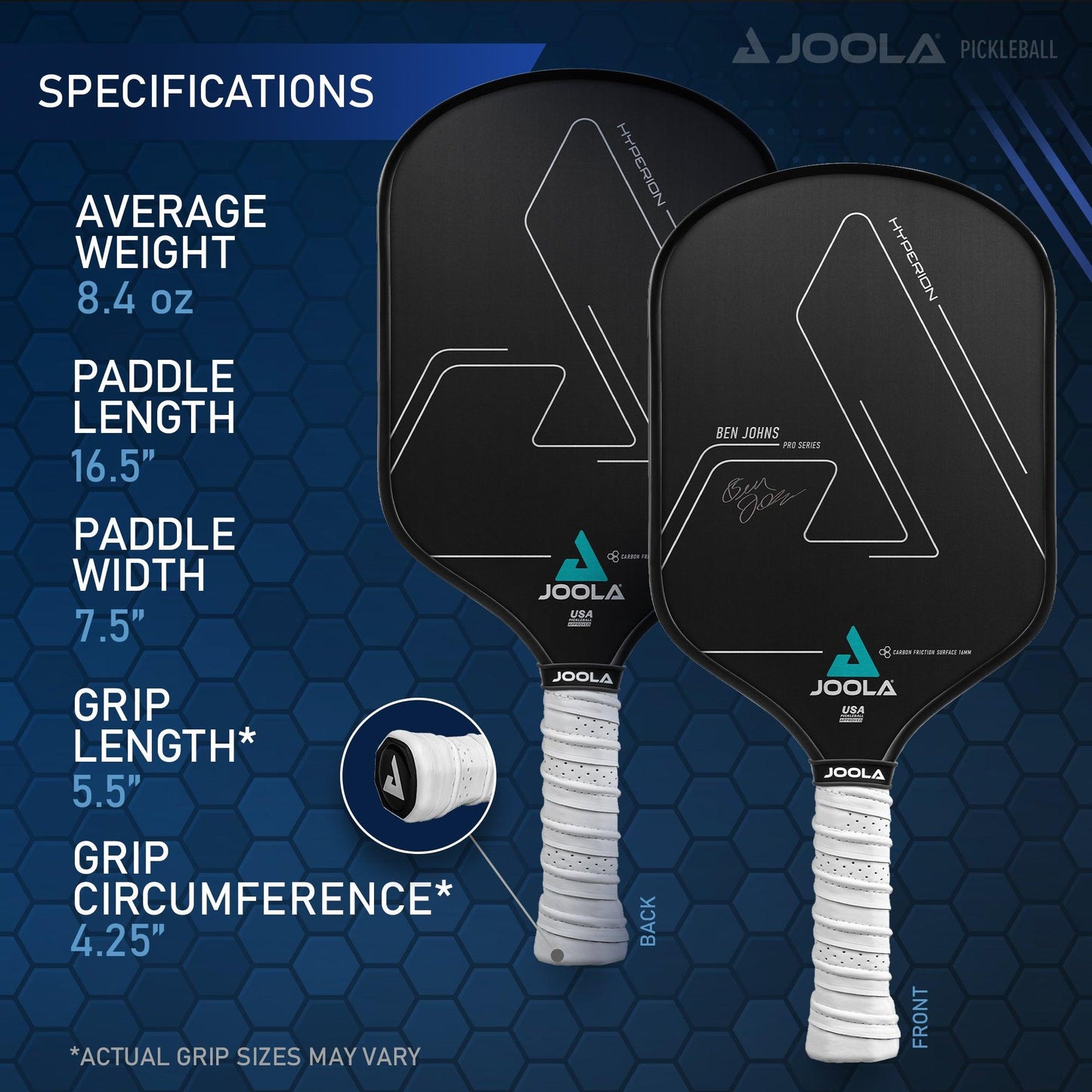Image showing two black JOOLA Ben Johns Hyperion CFS 16 paddles from Pickleball Zone with white grips against a dark blue hexagonal pattern background. Text on the left lists specifications: average weight, paddle length, width, grip length, and circumference. One paddle is labeled “Back” and the other “Front.”