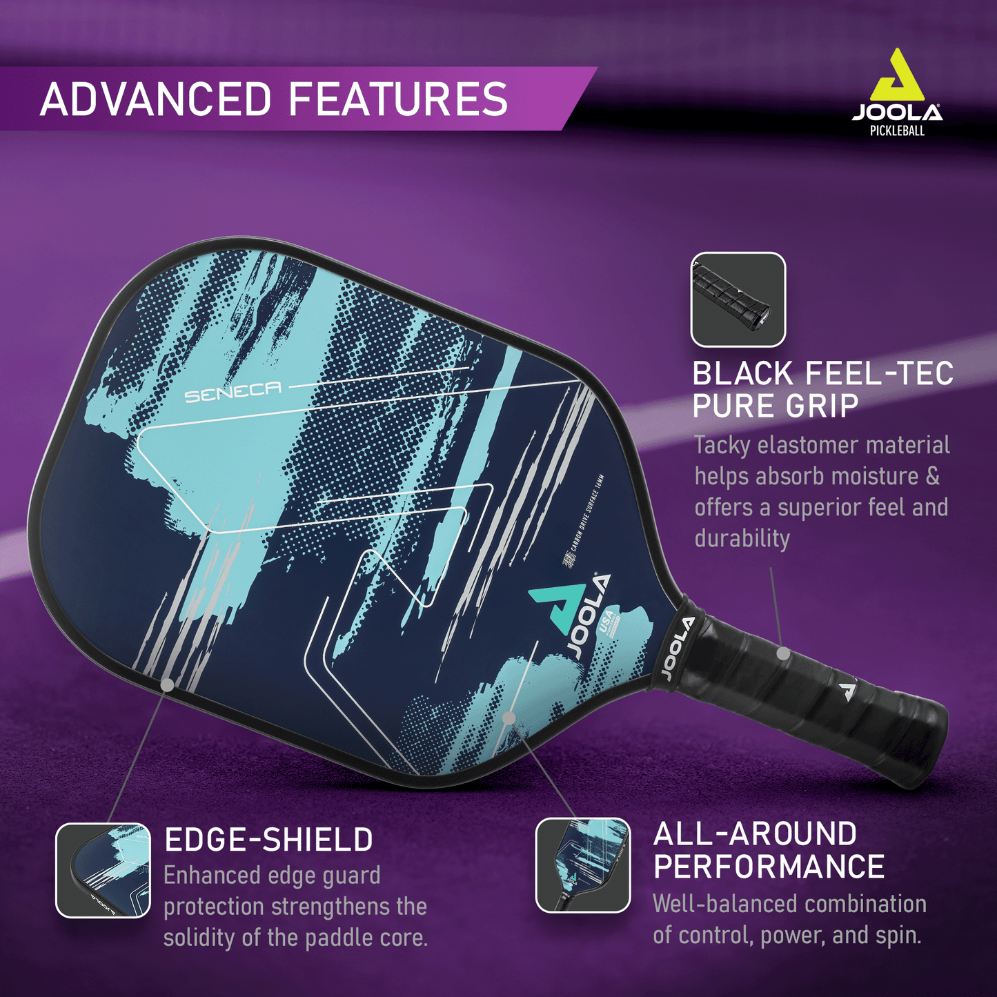The image showcases an advertisement for the Pickleball Zone Seneca CDS 16mm Pickleball Paddle, highlighting its advanced features. Key features include a Black Feel-Tec pure grip for superior feel, an Edge-Shield for protection, and all-around performance for control, power, and spin—perfect for advanced players.