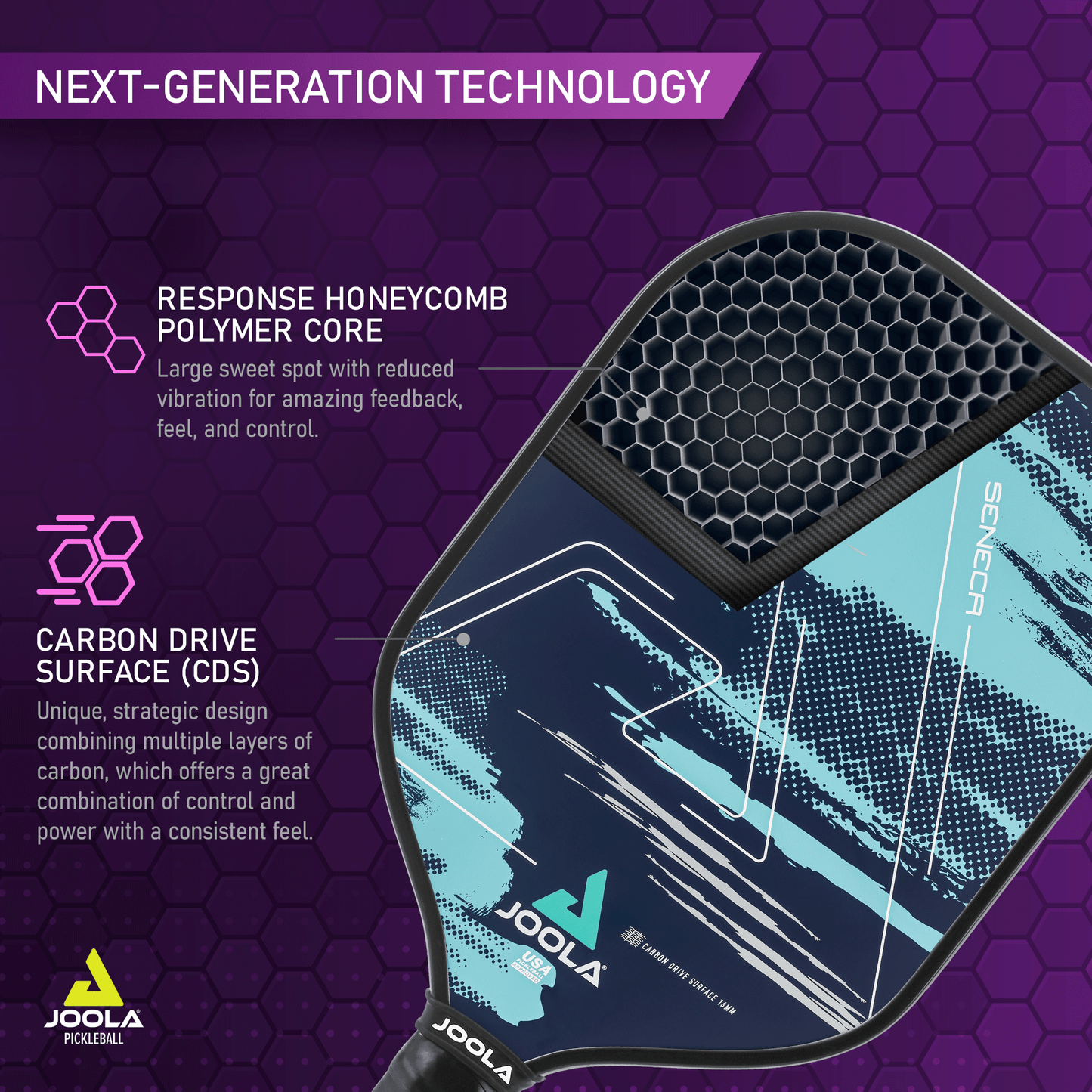 A promotional image for the Pickleball Zone Seneca CDS 16mm Pickleball Paddle showcasing next-generation technology. Designed for advanced players, it features a Response Honeycomb Polymer Core for added control and a Carbon Drive Surface (CDS) for power and precision. The background is purple with a hexagonal pattern.