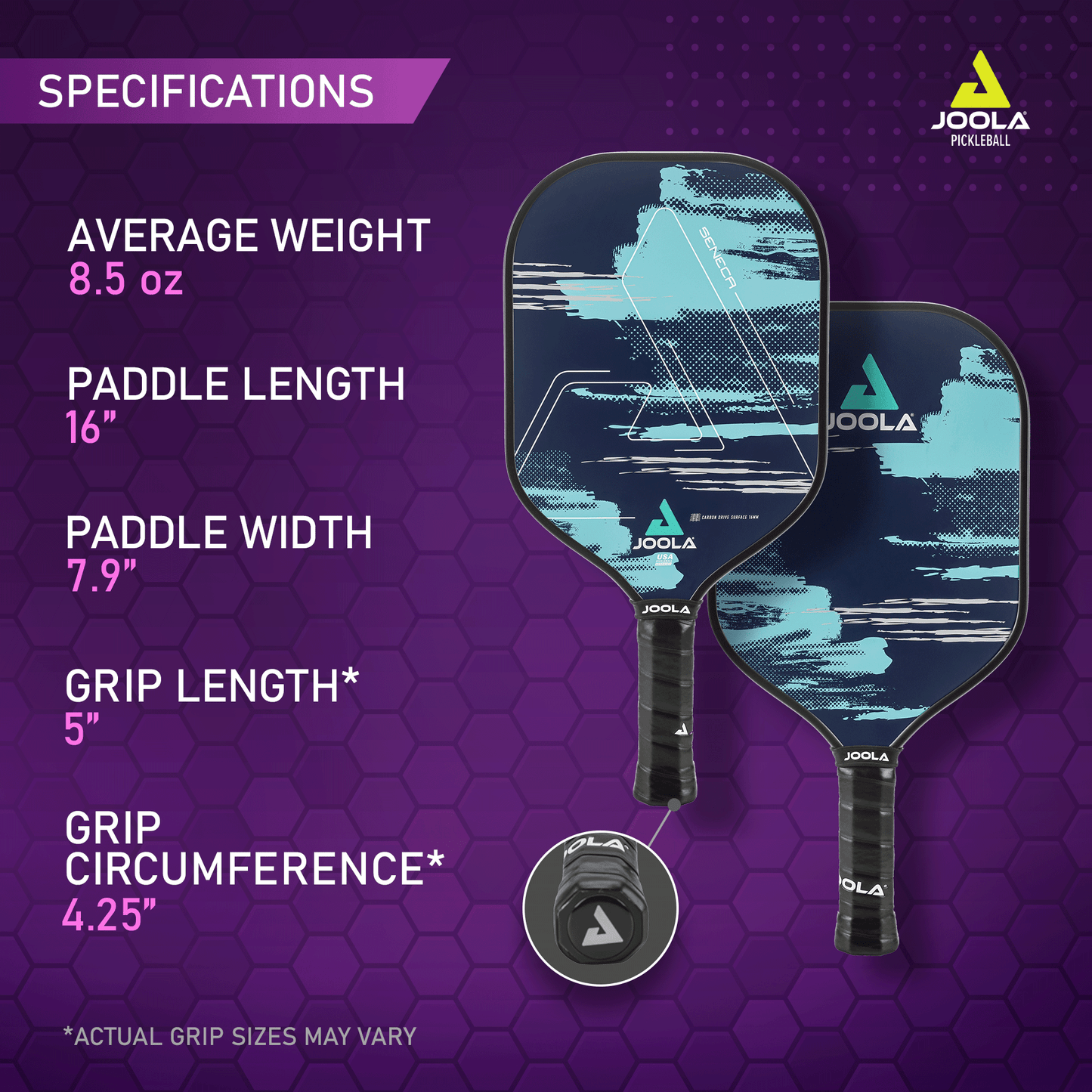 Image features the specifications of the Pickleball Zone Seneca CDS 16mm pickleball paddle, ideal for advanced players. The paddle details include an average weight of 8.5 oz, a length of 16 inches, a width of 7.9 inches, a grip length of 5 inches, and a circumference of 4.25 inches. It boasts a sleek blue and black design.
