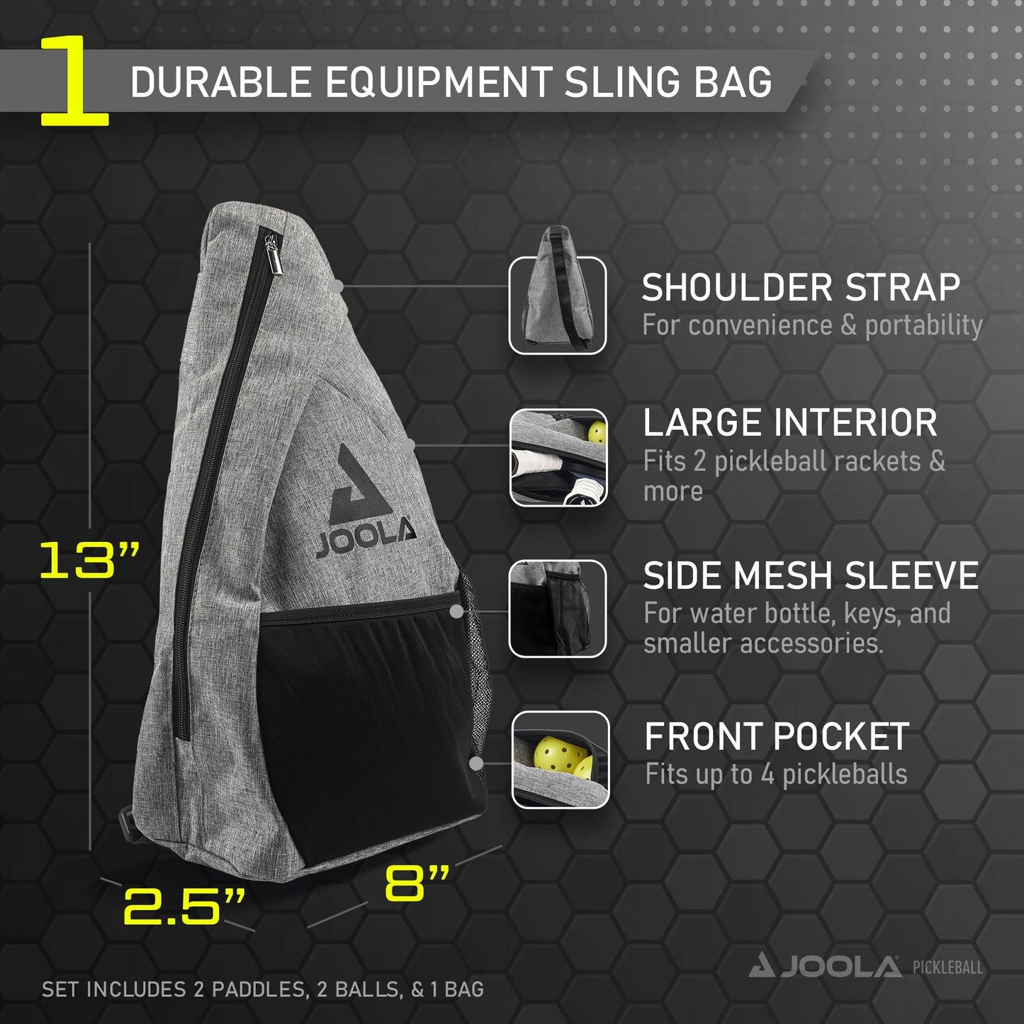 Image of a Pickleball Zone JOOLA Essentials Pickleball Paddles Set durable sling bag with descriptive text. Features include a shoulder strap for convenience, large interior for two pickleball paddles and two balls, side mesh sleeve for smaller accessories, and a front pocket fitting up to four pickleballs. Bag dimensions: 13" x 8" x 2.5". Set includes two paddles, two balls, and one bag.