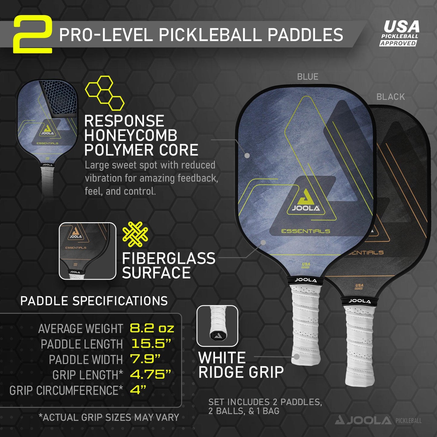 Image displaying two Pickleball Zone JOOLA Essentials Pickleball Paddles, featuring a Response Honeycomb Polymer Core, fiberglass surface, and White Ridge Grip, accompanied by a convenient sling bag. The paddles weigh 8.2 oz each and have the following specifications: paddle length 15.5", width 7.9", grip length 4.75", and grip circumference 4".