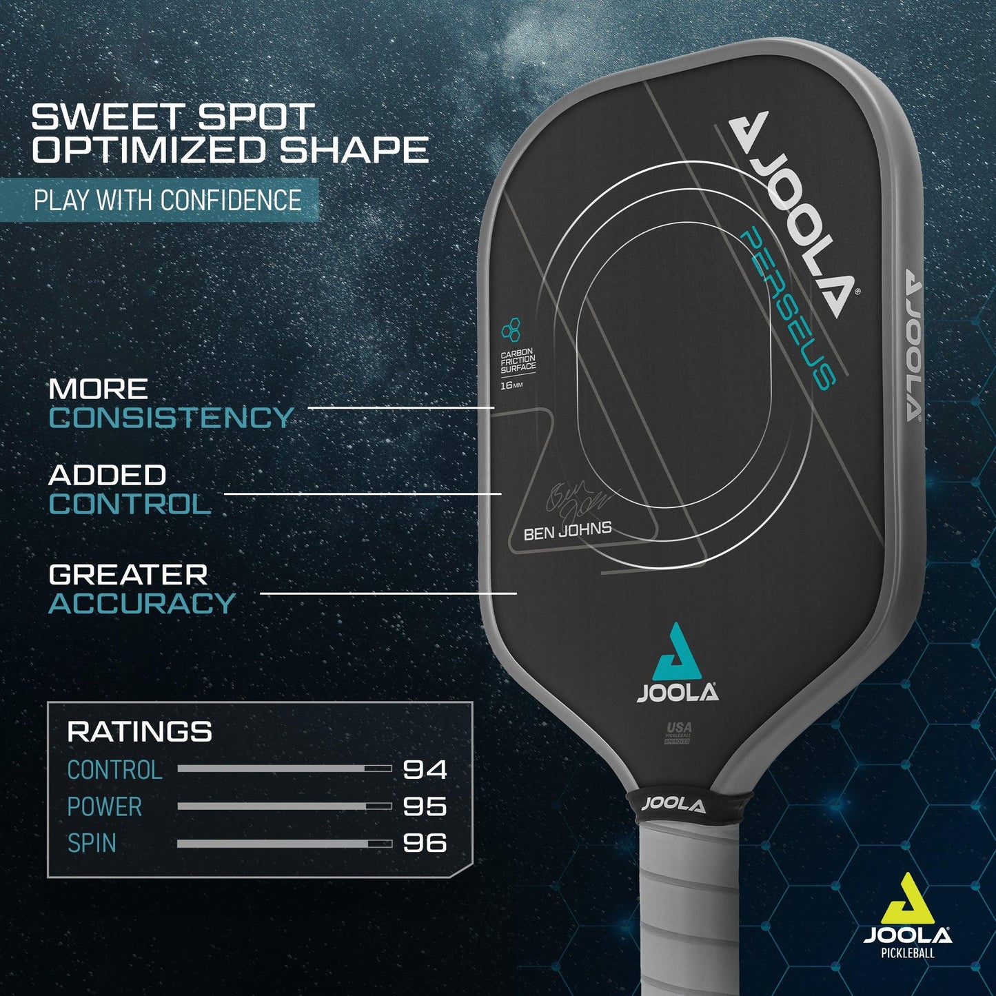 A Pickleball Zone Ben Johns Perseus CFS 16mm pickleball paddle boasting a sleek black design with cyan accents. This paddle offers "More Consistency," "Added Control," and "Greater Accuracy" due to its Charged Carbon Surface Technology. It has impressive ratings: Control 94, Power 95, Spin 96.
