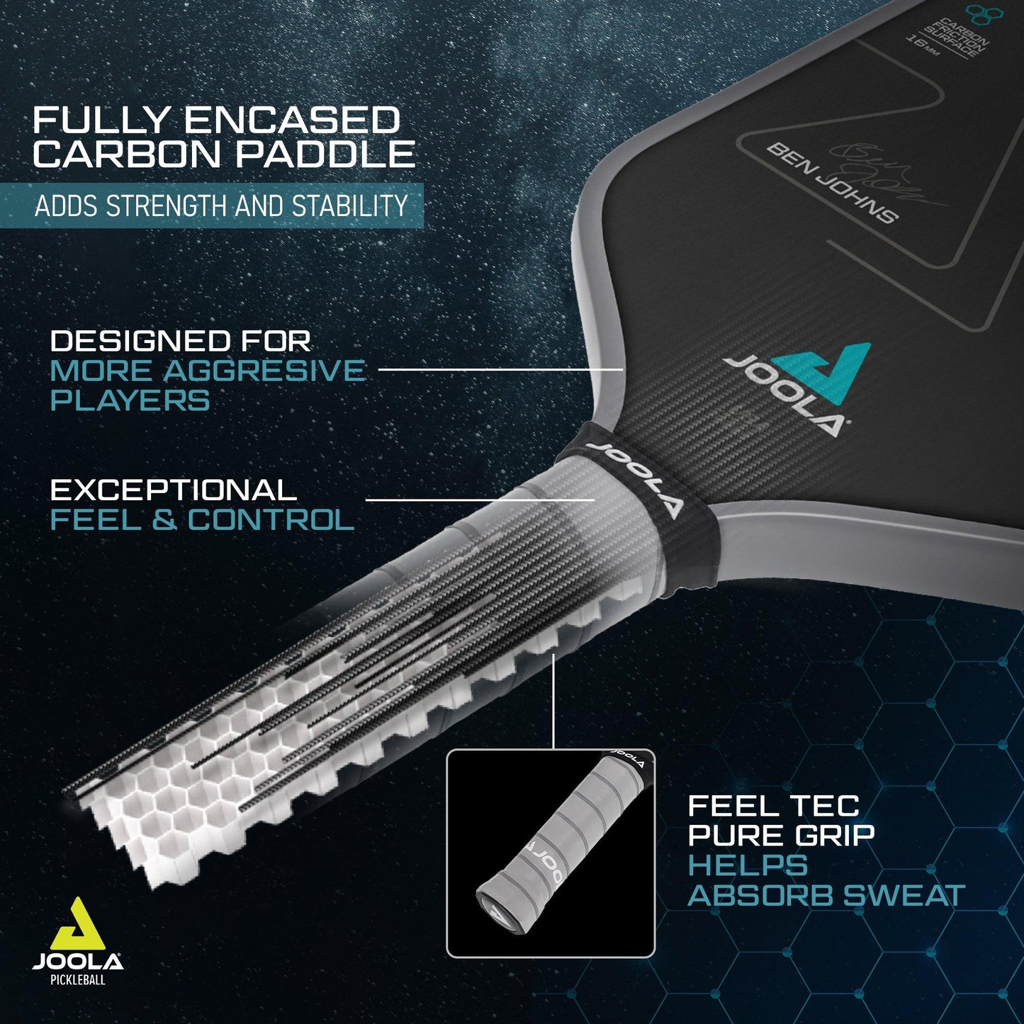 Advertisement: Introducing the Pickleball Zone Ben Johns Perseus CFS 16mm Pickleball Paddle, featuring Charged Carbon Surface Technology. The fully encased carbon paddle adds strength and stability, making it ideal for aggressive players. Experience exceptional feel and control with our Feel Tec Pure Grip that helps absorb sweat.