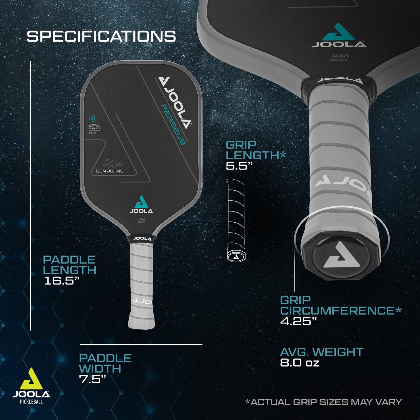 An image showcases the Pickleball Zone Ben Johns Perseus CFS 16mm Pickleball Paddle with Charged Carbon Surface Technology. The paddle measures 16.5 inches in length and 7.5 inches in width, boasting a grip length of 5.5 inches and a circumference of 4.25 inches, with an average weight of 8.0 ounces against a dark background with...