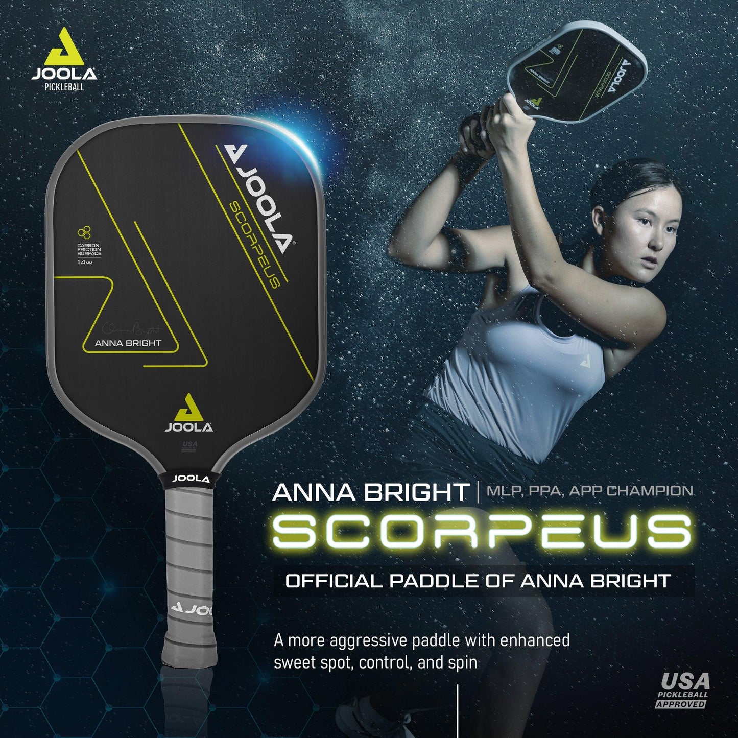 A woman dressed in athletic wear swings a Pickleball Zone paddle, the Anna Bright Scorpeus 3 - 14mm, with a detailed image of the pickleball equipment also shown. Text on the image reads “Anna Bright Scorpeus 3 - 14mm, official paddle of Anna Bright,” highlighting features like an enhanced sweet spot, control, and spin.