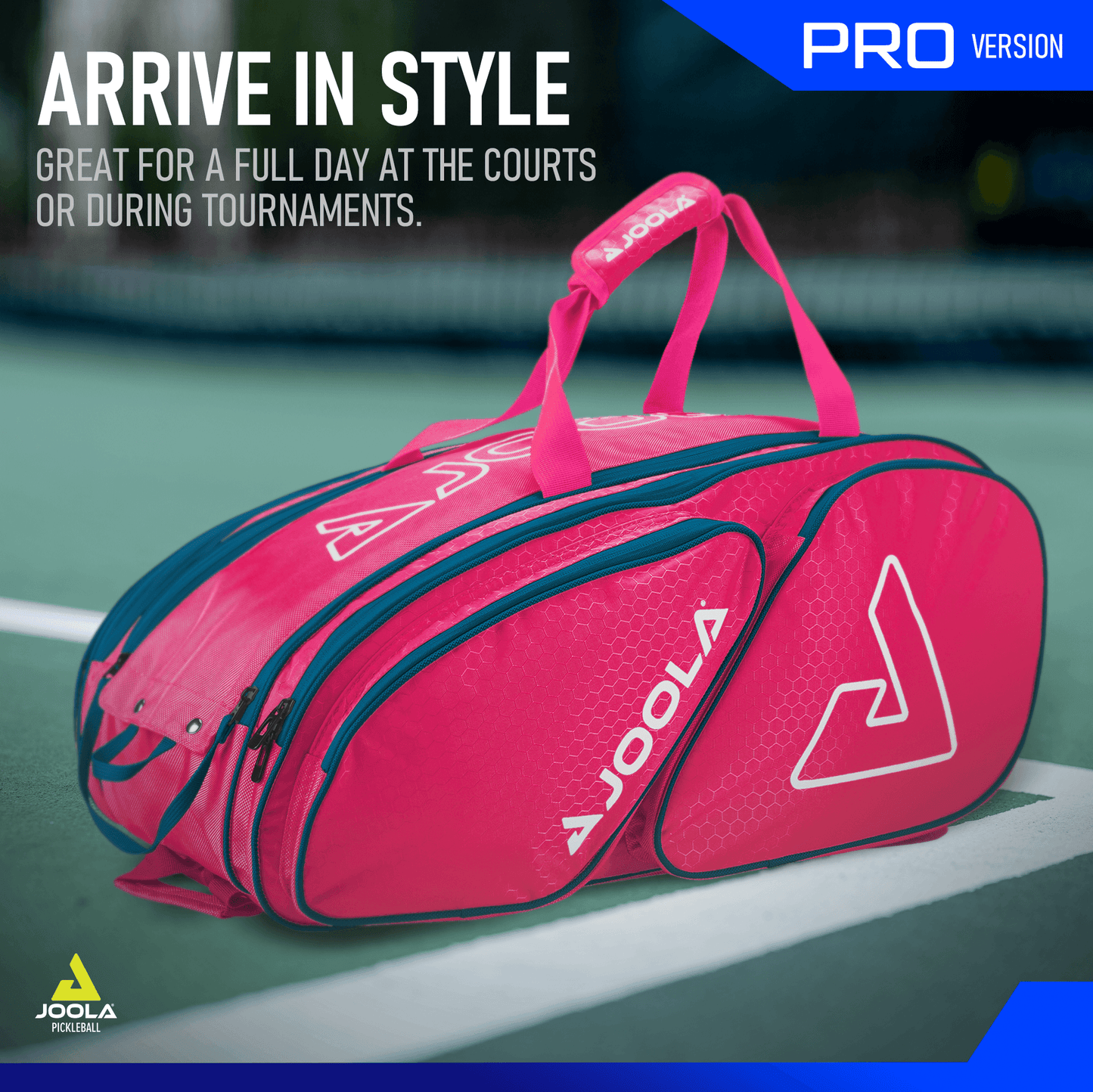 A red and black JOOLA Tour Elite Pickleball Bag from Pickleball Zone sits on a tennis court. The text reads, "Arrive in style. Great for a full day at the courts or during tournaments." The versatile bag features multiple compartments including thermal-lined paddle compartments and a strap, with the JOOLA logo prominently displayed.
