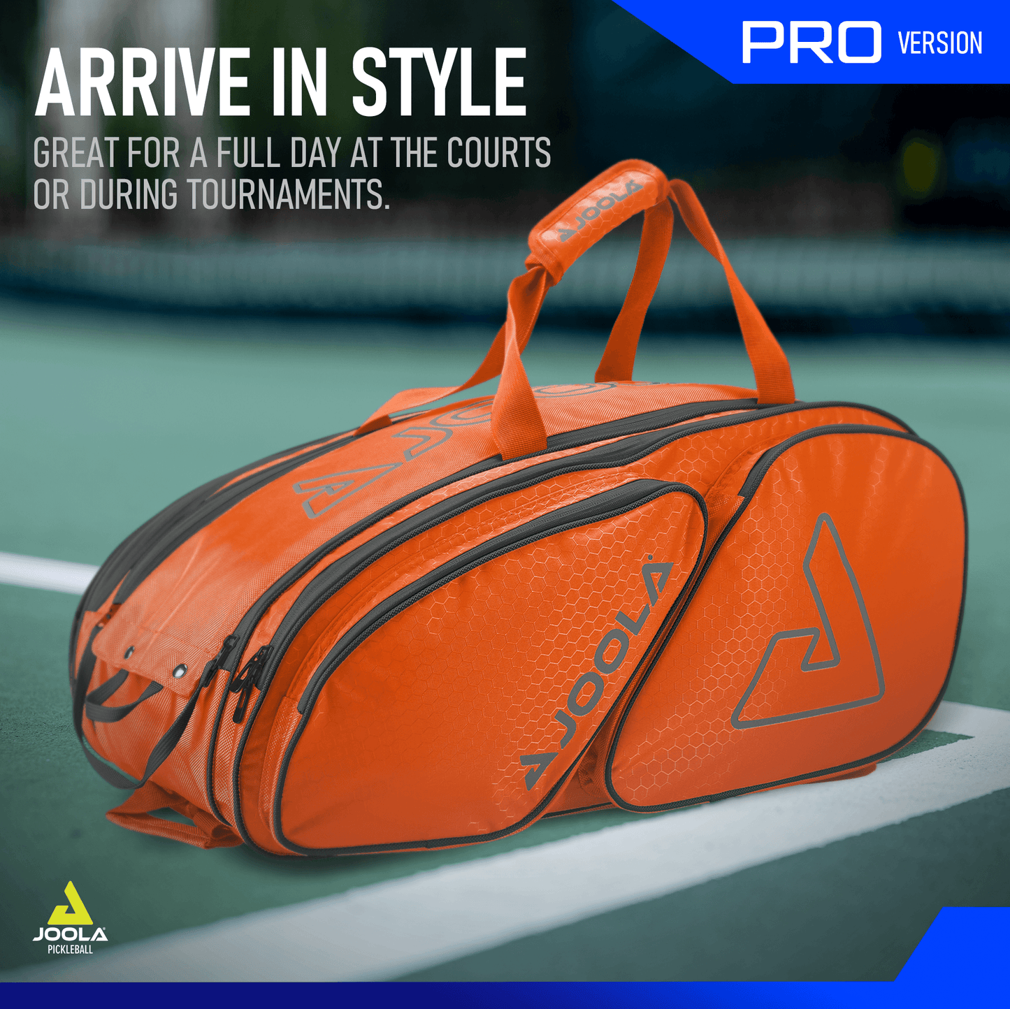 An orange JOOLA Tour Elite Pickleball Bag from Pickleball Zone, equipped with a carrying handle and multiple compartments, including thermal-lined paddle sections, is displayed on a court. The text on the image reads, "ARRIVE IN STYLE - Great for a full day at the courts or during tournaments," and "PRO Version" at the top right.