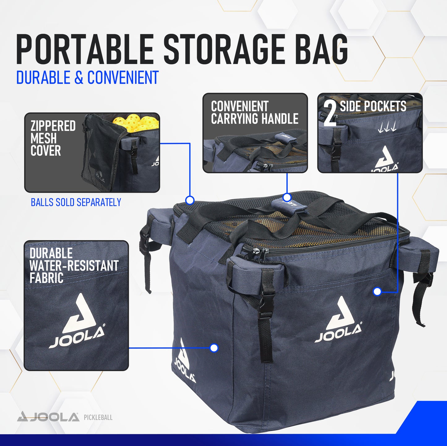 A promotional image for the Pickleball Zone JOOLA Pickleball Ball Hopper highlights its durable, water-resistant fabric, zippered mesh cover, convenient carrying handle, and two side pockets. Text indicates that pickleballs are sold separately.