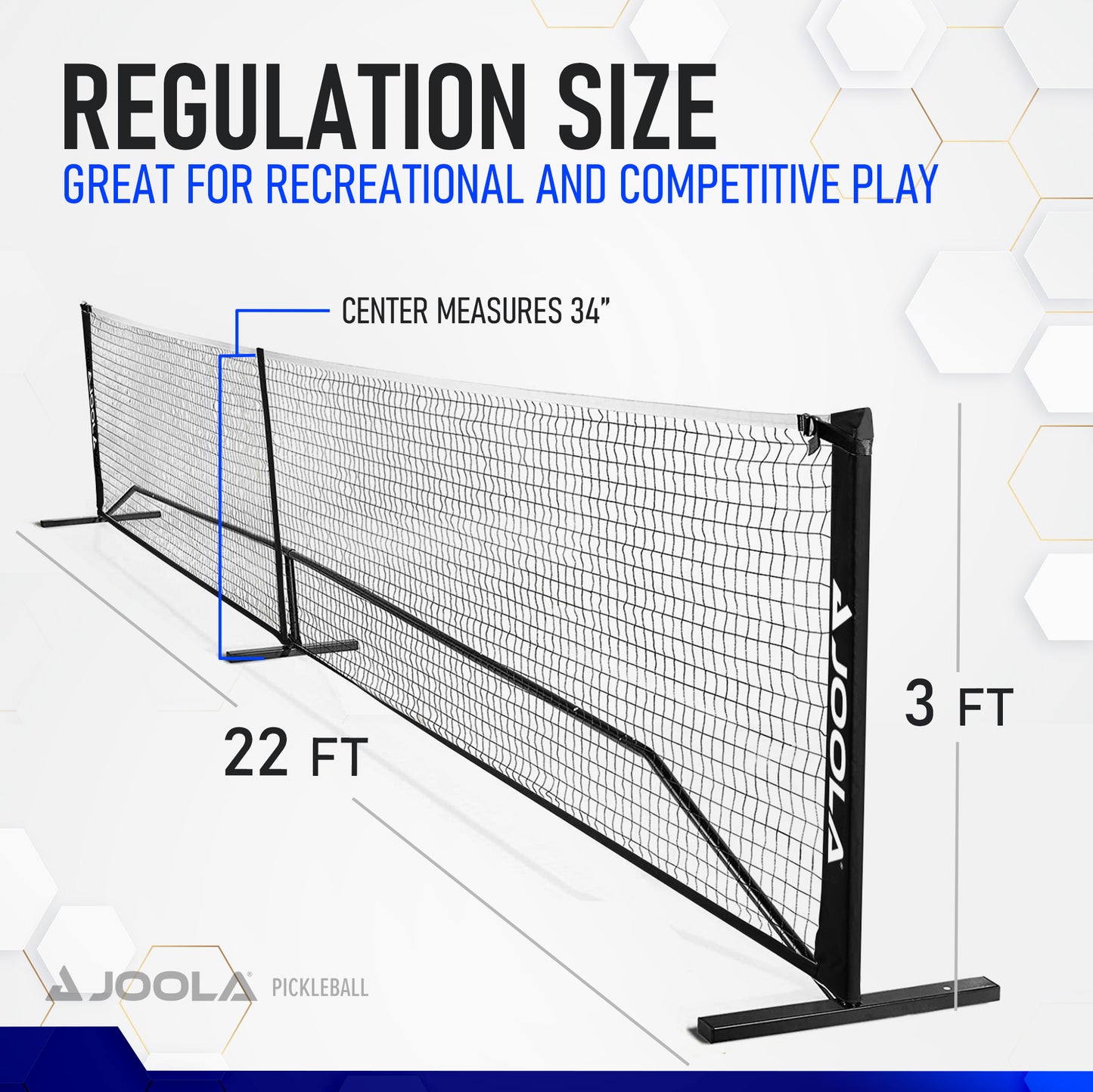 An image displaying a regulation size Pickleball Zone Elemental Net. The net's dimensions are shown: it spans 22 feet in length, stands 34 inches high at the center, and is 3 feet tall at the posts. Text emphasizes its lightweight and portable design, making it suitable for recreational and competitive play.