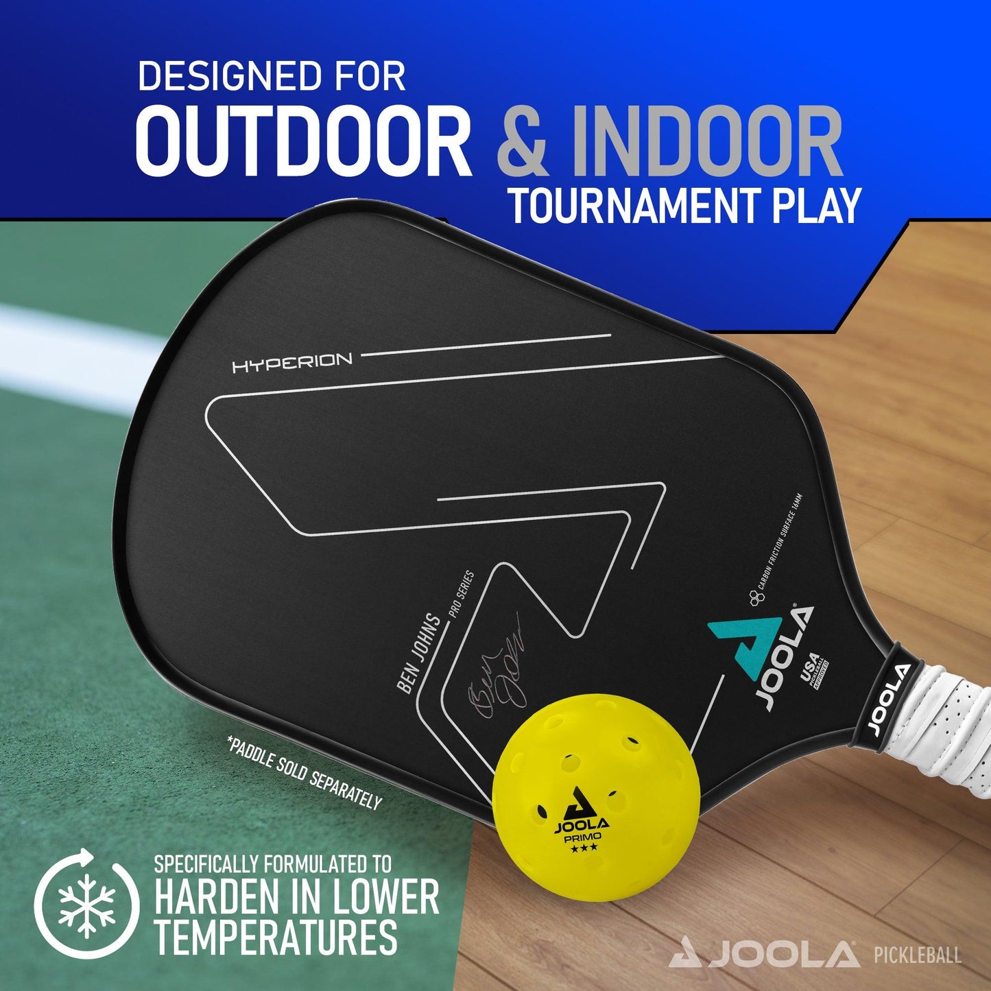 A black JOOLA Hyperion pickleball paddle, designed for tournament play, is displayed on a court with a yellow Pickleball Zone Primo Ball beside it. Text highlights its ability to harden in lower temperatures for both outdoor and indoor tournaments. The distinct JOOLA logos are prominently visible.