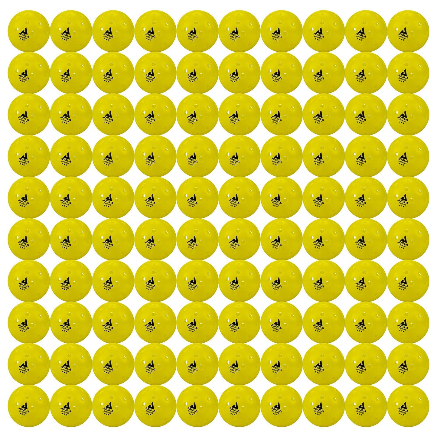 A grid of 81 identical yellow Pickleball Zone Primo Balls is arranged in a neat pattern against a white background. Each pickleball, designed for tournament play, features the brand's logo and some text in black, showcasing its 40-hole design.