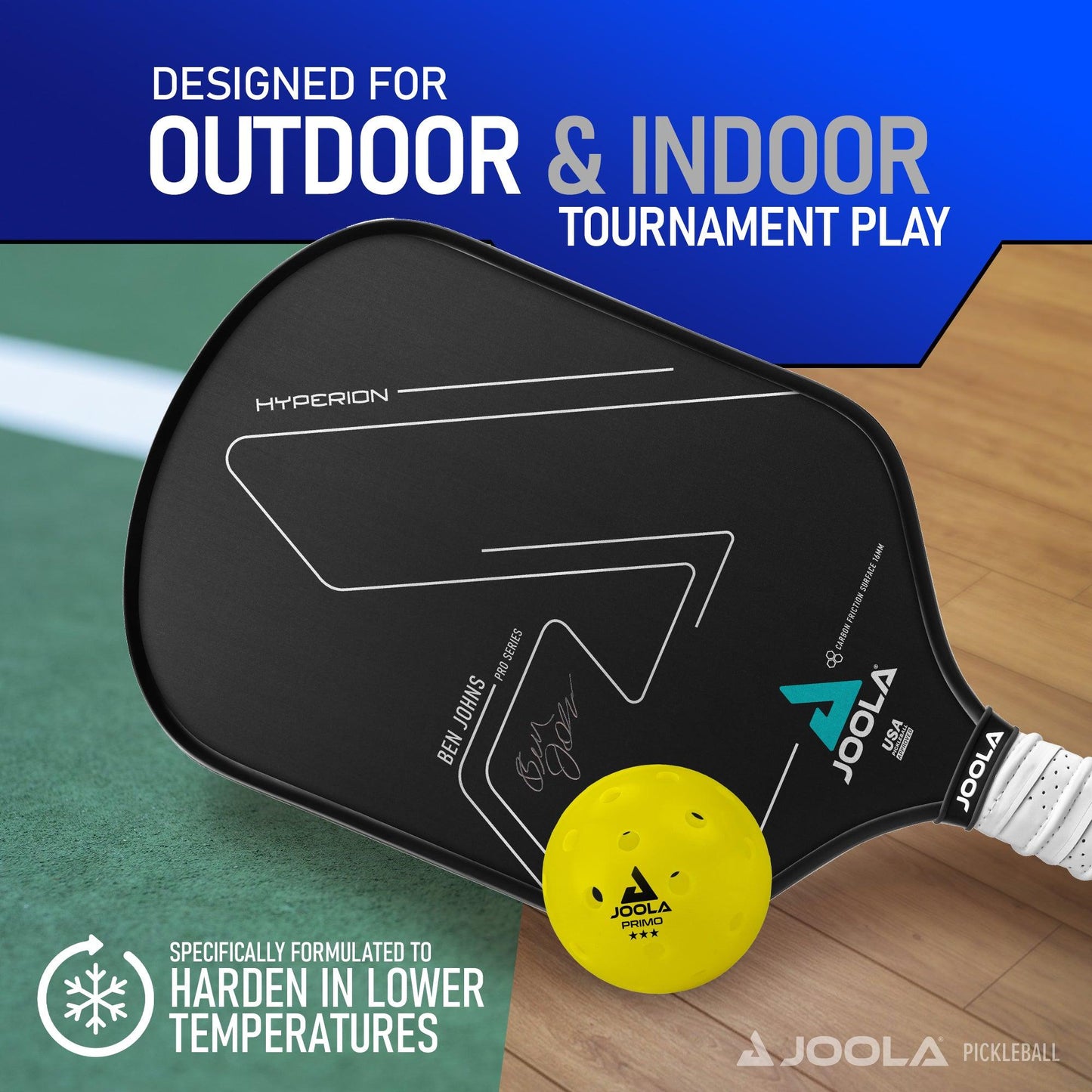 On a blue and green court, a black Primo 3 Star paddle by Pickleball Zone and a yellow ball are displayed. Text reads, "Designed for outdoor & indoor tournament play" with "Specifically formulated to harden in lower temperatures." Featuring a precision-engineered 40-hole design for tournament-grade performance.