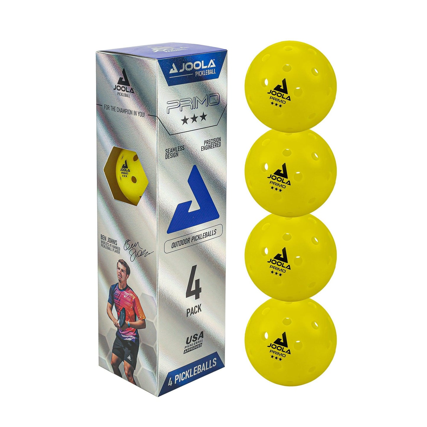 A four-pack of Pickleball Zone's Primo 3 Star, featuring a precision-engineered 40-hole design for tournament-grade performance, is packaged in a sleek silver box with blue text and logo. The box showcases an image of a pickleball player, with four bright yellow balls displayed next to it. The text "Seamless Design" can be clearly seen.