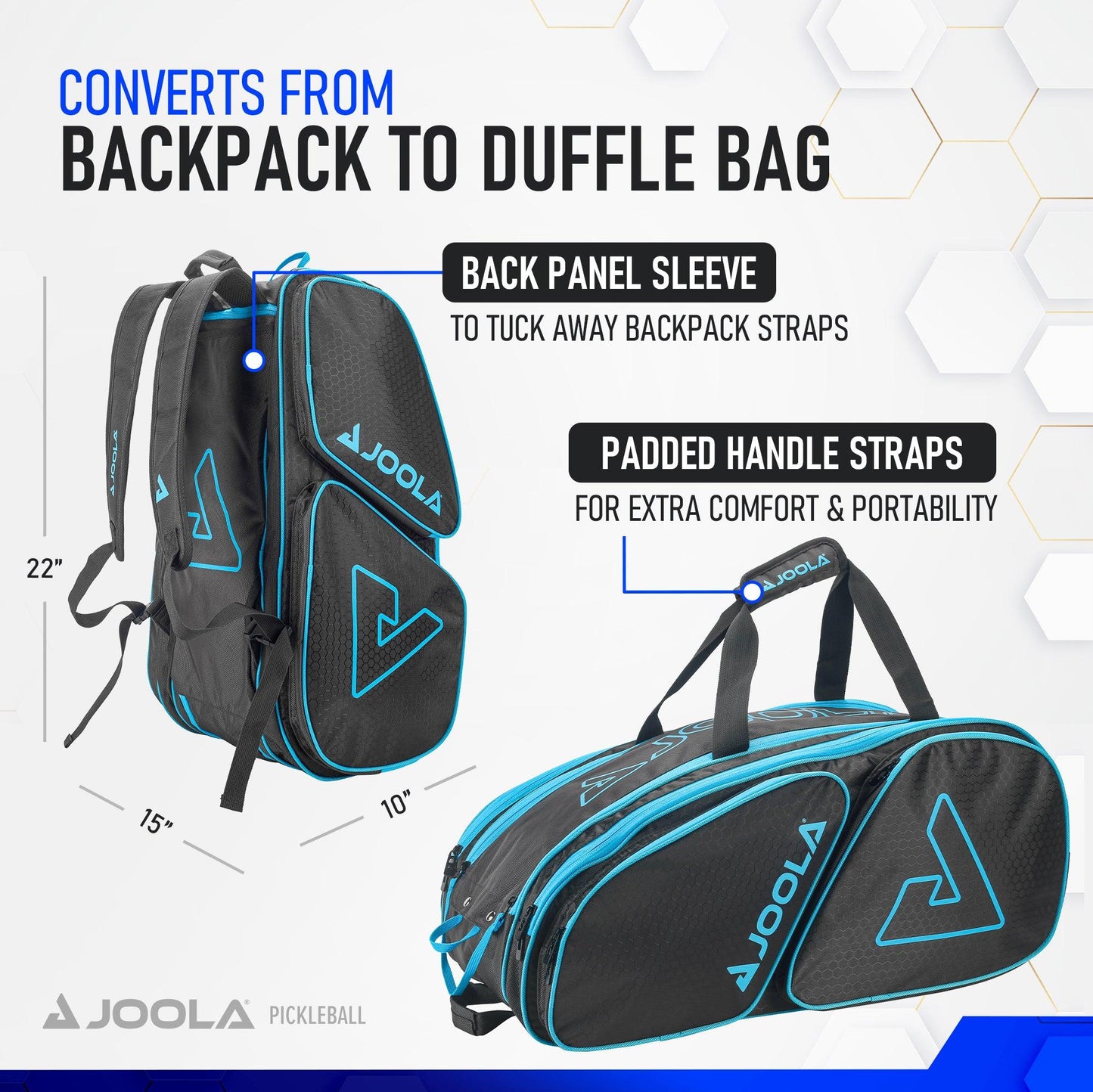 An image showcasing the versatile JOOLA Tour Elite Pickleball Bag by Pickleball Zone that converts from a backpack to a duffle bag. Featuring dimensions of 22"x15"x10", it includes thermal-lined paddle compartments, a back panel sleeve for tucking away straps, and padded handle straps for comfort and portability.