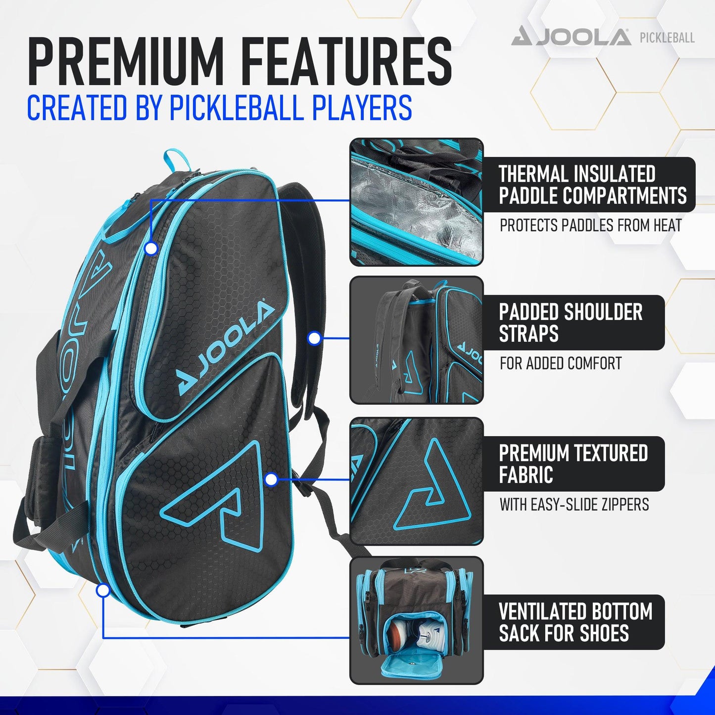 A promotional image for the JOOLA Tour Elite Pickleball Bag by Pickleball Zone showcases its features: thermal-lined paddle compartments, padded shoulder straps, premium textured fabric with easy-slide zippers, and a ventilated bottom sack for shoes. This versatile bag ensures all your gear stays organized and protected.
