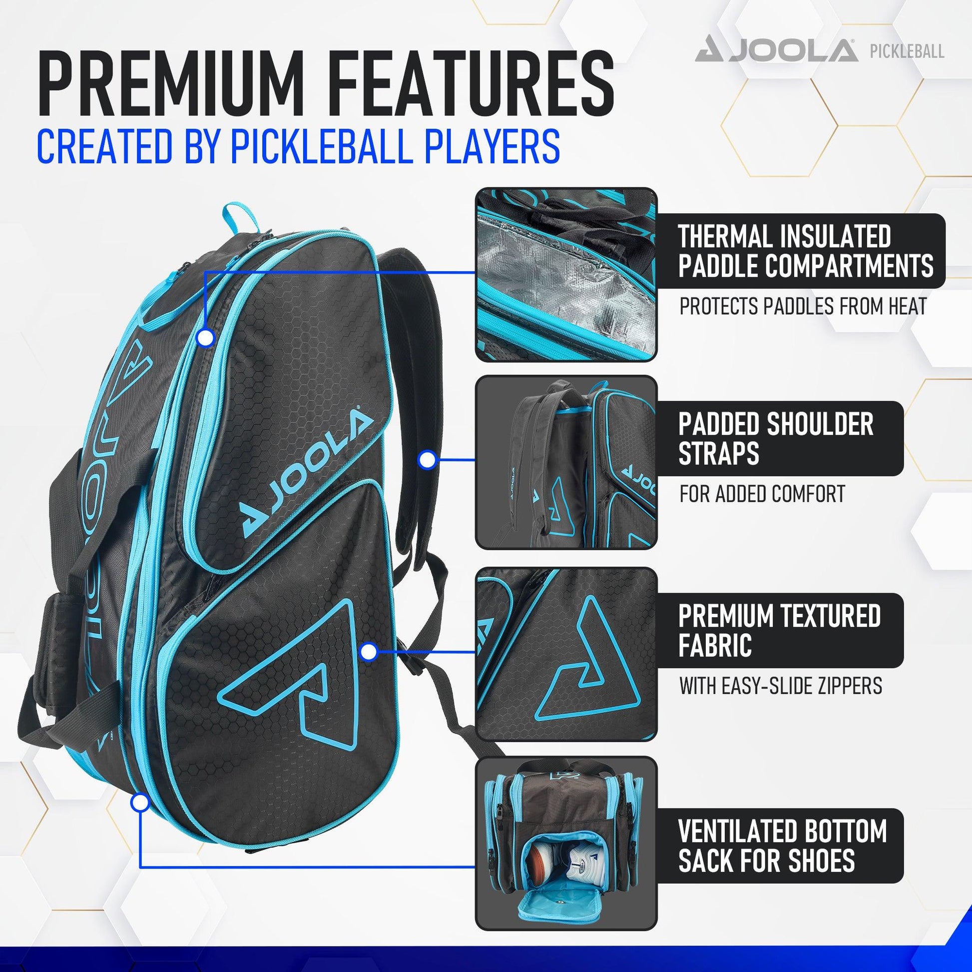 A promotional image for the JOOLA Tour Elite Pickleball Bag by Pickleball Zone showcases its features: thermal-lined paddle compartments, padded shoulder straps, premium textured fabric with easy-slide zippers, and a ventilated bottom sack for shoes. This versatile bag ensures all your gear stays organized and protected.