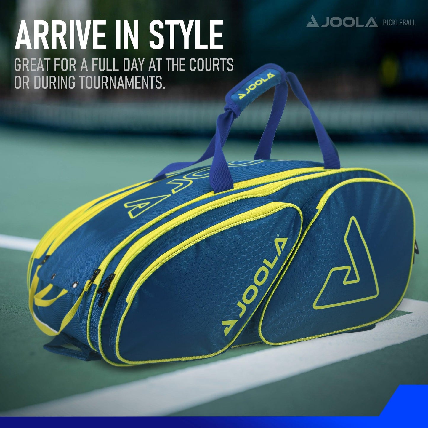 A versatile blue and yellow JOOLA Tour Elite Pickleball Bag by Pickleball Zone sits on a court with straps on top for carrying. The text on the image reads: "ARRIVE IN STYLE." Featuring thermal-lined paddle compartments, it's perfect for a full day at the courts or during tournaments.