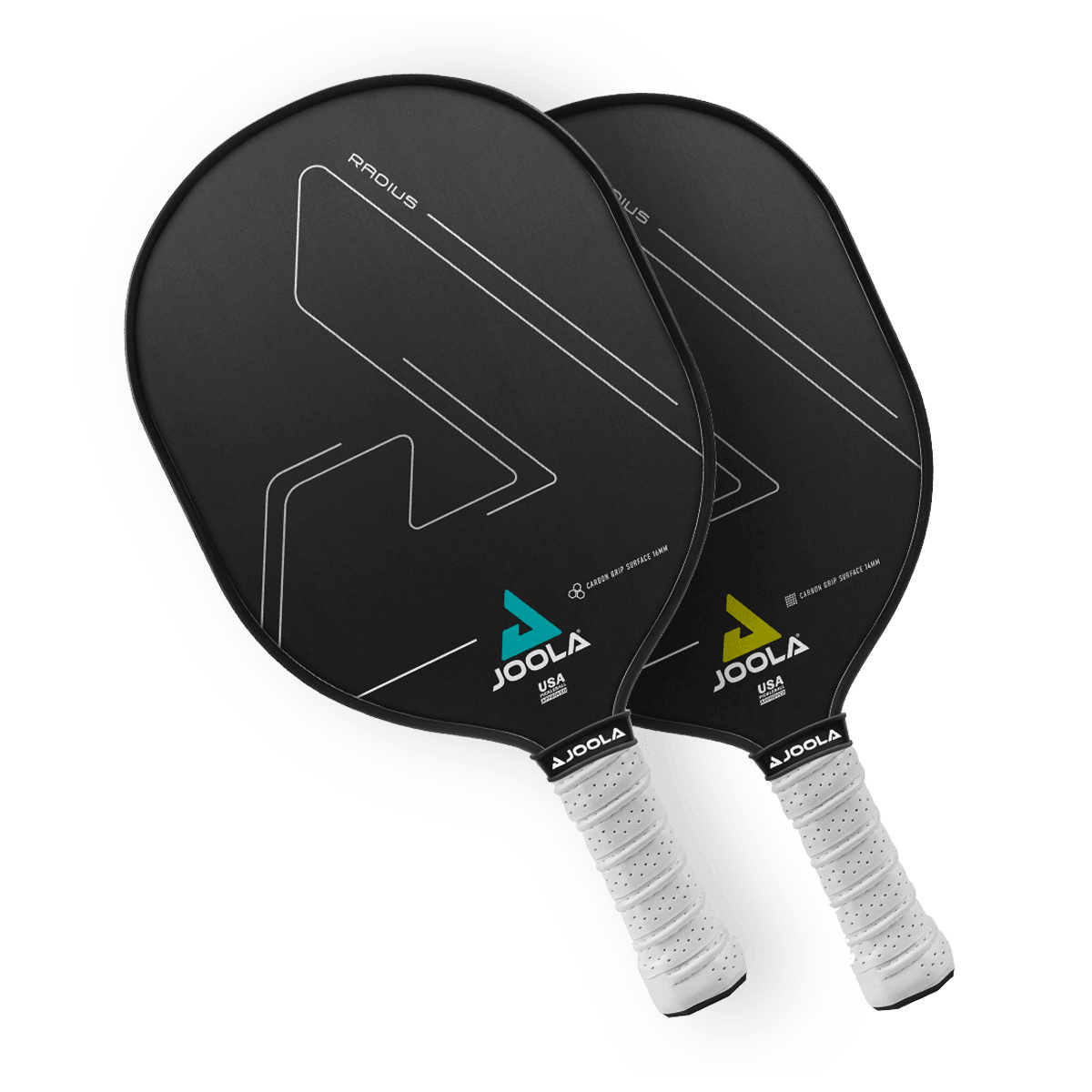 Two black Radius CGS - 16mm pickleball paddles by Pickleball Zone with Carbon Grip Surface and white grips are shown overlapping. The design features an angular pattern, with one paddle showcasing a teal "A" and the other a yellow "A." Both paddles display the text "Radius," promising unmatched spin and control.