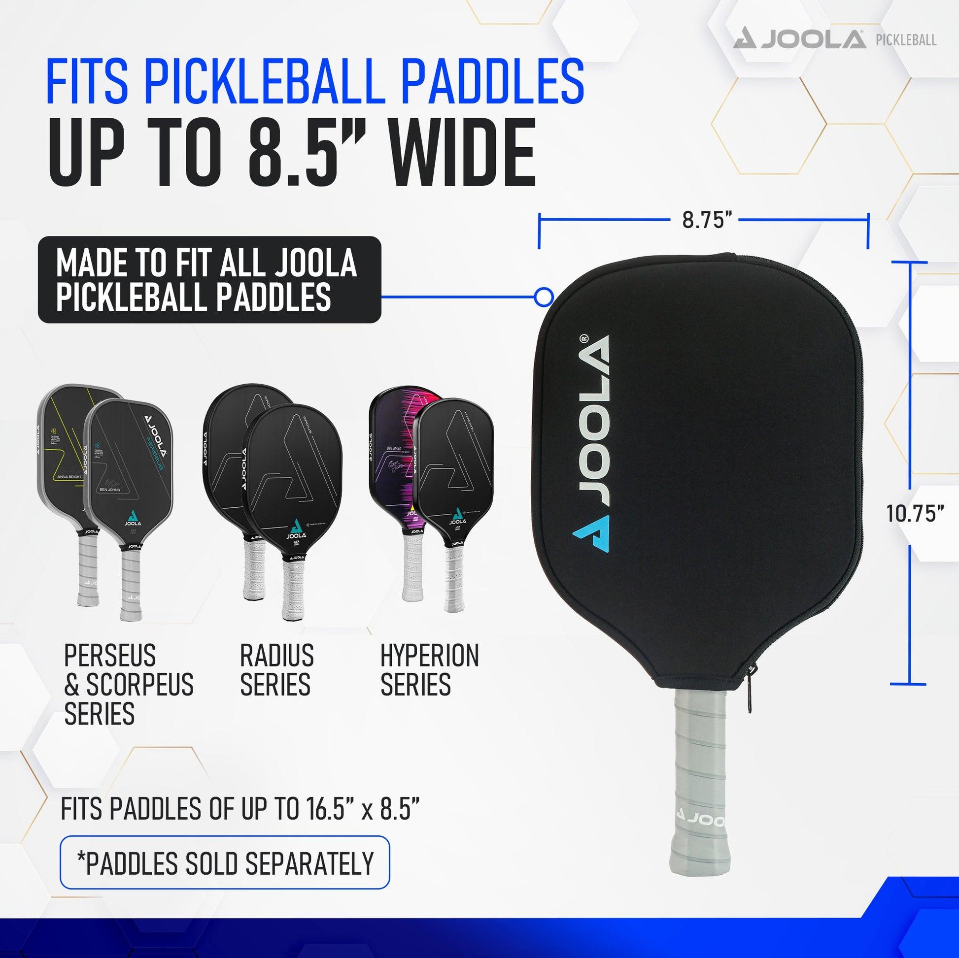An image promoting the Pickleball Zone Universal Pickleball Paddle Cover, highlighting its premium protection for pickleball paddles up to 8.5 inches wide and 16.5 inches long. The cover is displayed with paddles from the Perseus, Scorpeus, Radius, and Hyperion series—sold separately.