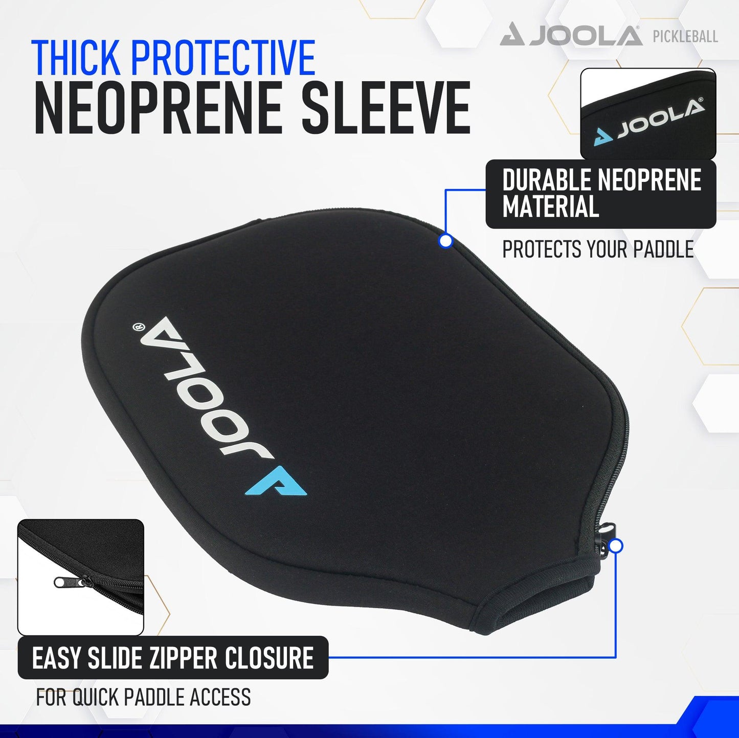 Image of a sleek, black Universal Pickleball Paddle Cover by Pickleball Zone. The sleeve features a zipper closure for easy access and has a logo in white and blue. Text highlights its thick, durable neoprene material for premium protection. Background includes hexagonal patterns.