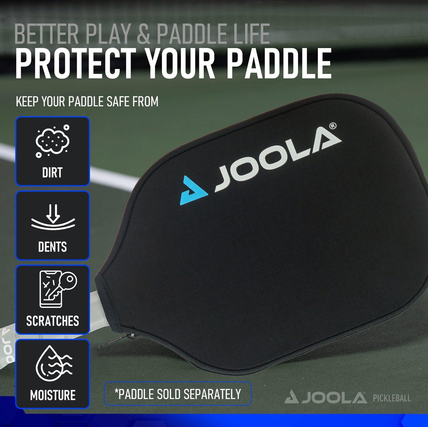A rectangular promotional image features a black Pickleball Zone Universal Pickleball Paddle Cover with the brand name 'Pickleball Zone' in blue and white on it. The text emphasizes the premium protection, shielding your pickleball paddle from dirt, dents, scratches, and moisture. *Paddle sold separately.