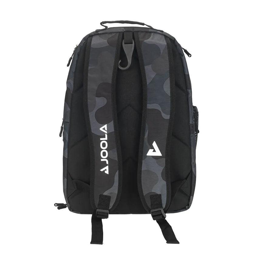 The black and camo-patterned Pickleball Zone JOOLA Vision II Deluxe Pickleball Backpack is perfect for on-the-go players. Viewed from the back, it features two padded shoulder straps with the JOOLA logo printed in white, a hanging loop at the top, and multiple zippered compartments for ultimate storage.