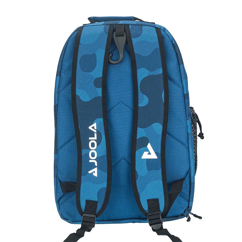 A blue Pickleball Zone JOOLA Vision II Deluxe Pickleball Backpack is shown from the back, featuring a camouflage pattern. It has two adjustable black shoulder straps with the JOOLA logo in white. Designed for on-the-go players, it includes a side mesh pocket and a top handle for ultimate storage and carrying ease.