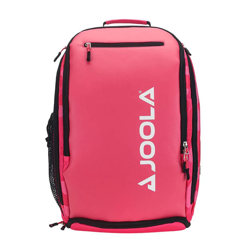 Introducing the JOOLA Vision II Deluxe Pickleball Backpack from Pickleball Zone in pink with black accents. This stylish backpack features the "JOOLA" brand name prominently displayed in white lettering on the front. It's perfect for on-the-go players, offering a zippered front pocket, mesh side pockets, and a convenient top handle. The zippers are equipped with small pull tabs for easy access, making it your ultimate storage solution.
