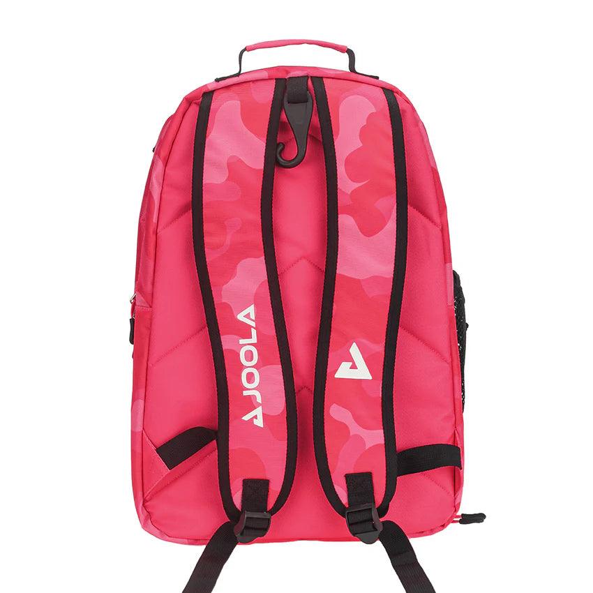 A red camouflage-patterned Pickleball Zone JOOLA Vision II Deluxe Pickleball Backpack with two adjustable black shoulder straps. The back features the brand name "JOOLA" printed in white. Designed for on-the-go players, it includes a handle on top and a hook between the straps for ultimate storage and easy hanging.