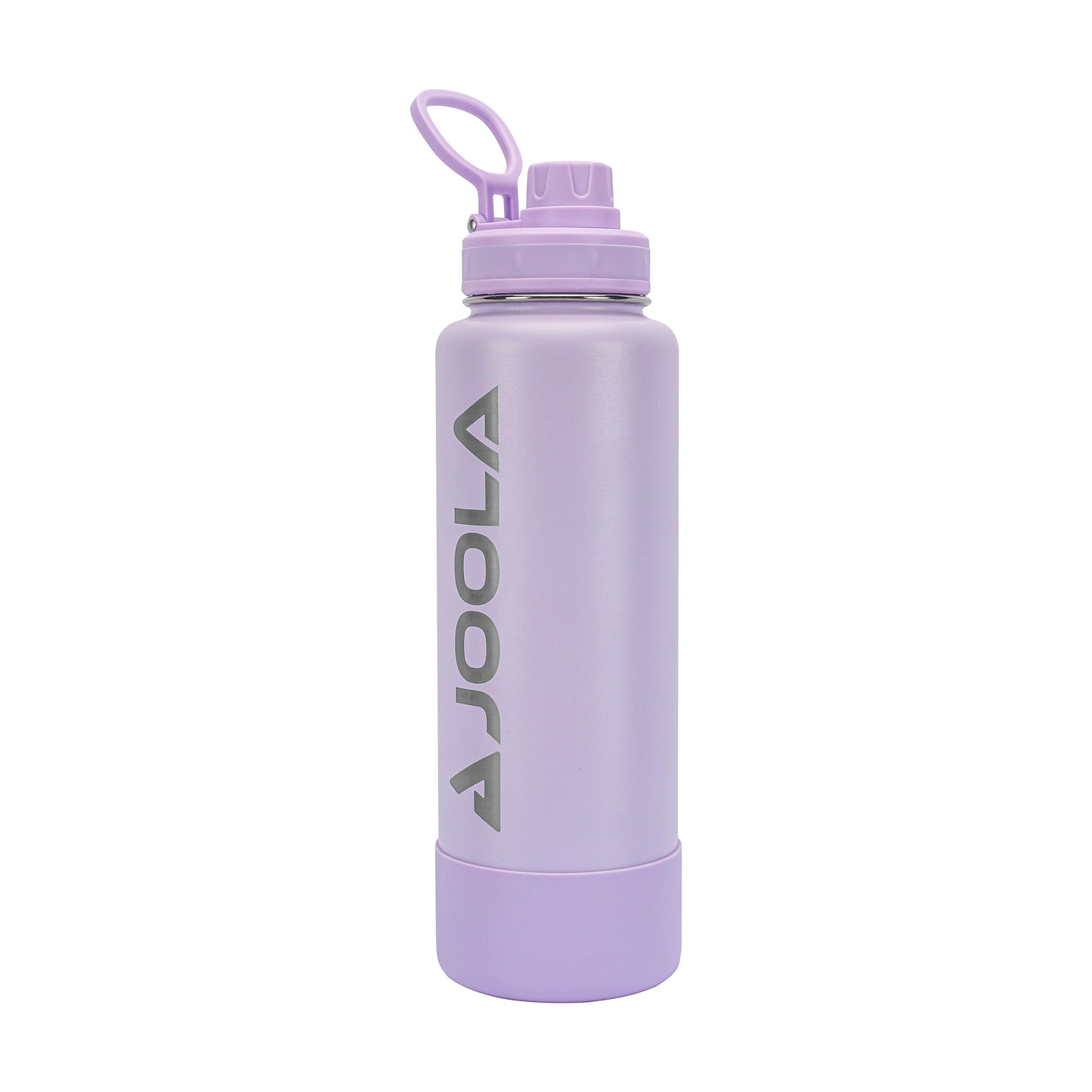 A metallic light purple Pickleball Zone JOOLA Water Bottle features a cylindrical shape with a screw-on lid that has a loop handle. The bottle sports "JOOLA" written vertically in silver letters along the side. It boasts double-wall insulation and a leak-proof spout, with an additional purple layer at the base matching the lid.