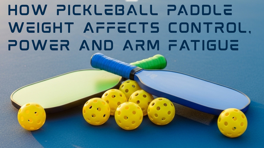 How Pickleball Paddle Weight Affects Control, Power and Arm Fatigue, pickleball paddle surrounded by pickleball balls