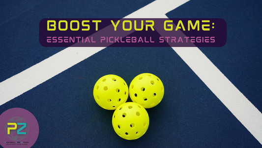 Three bright yellow pickleballs on a dark blue pickleball court with a white line in the background, accompanied by the text "Boost Your Game: Essential Pickleball Strategies."