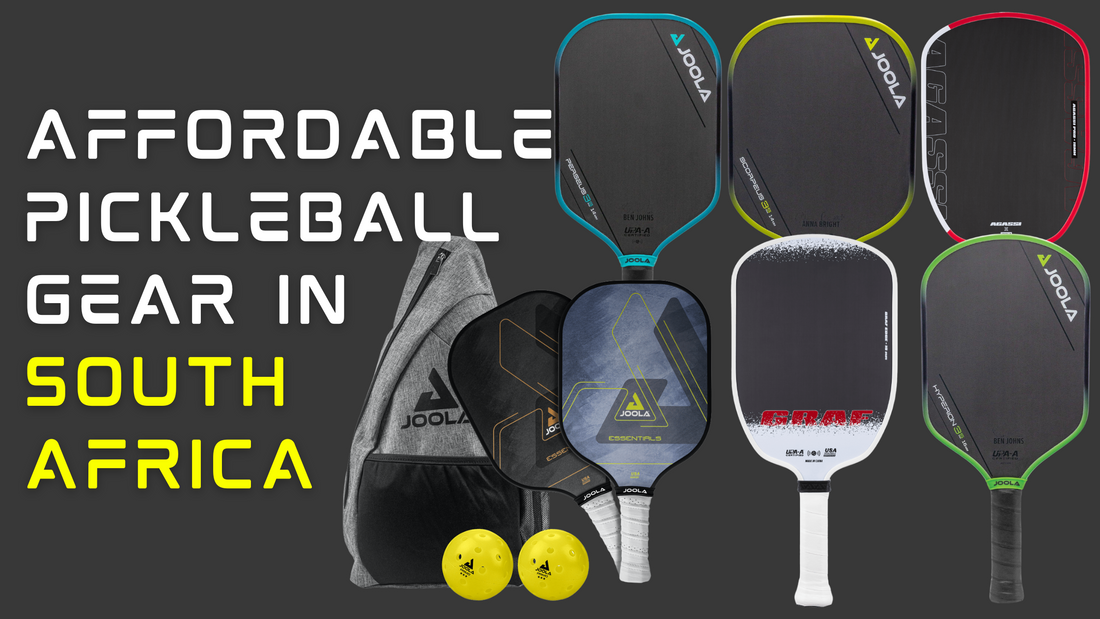 Affordable Pickleball Gear In South Africa over a black background with Joola pickleball gear