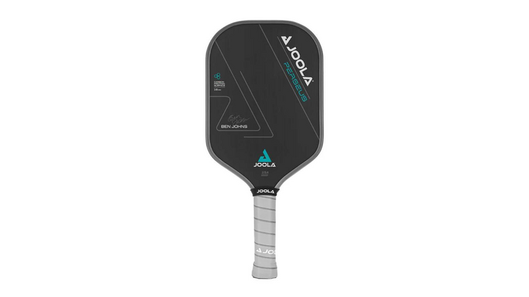 JOOLA Ben Johns Perseus pickleball paddle featuring a sleek black design with white and blue JOOLA branding. It includes Ben Johns' signature and a white perforated grip, showcasing its professional performance and innovative technology.